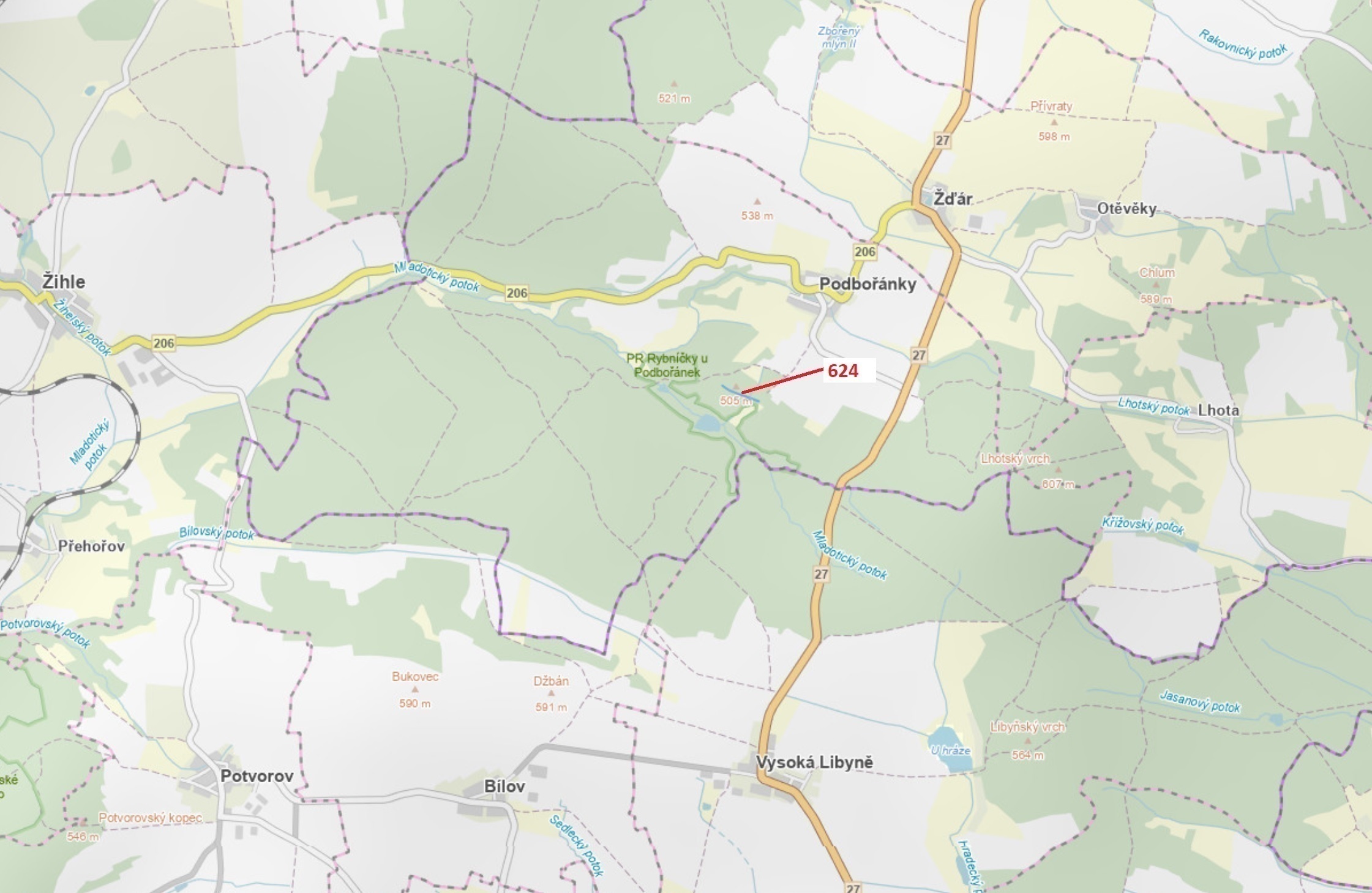 Lesní pozemek o výměře 2 895 m2, podíl 1/1, katastrální území Podbořánky, obec Jesenice, obec s rozš