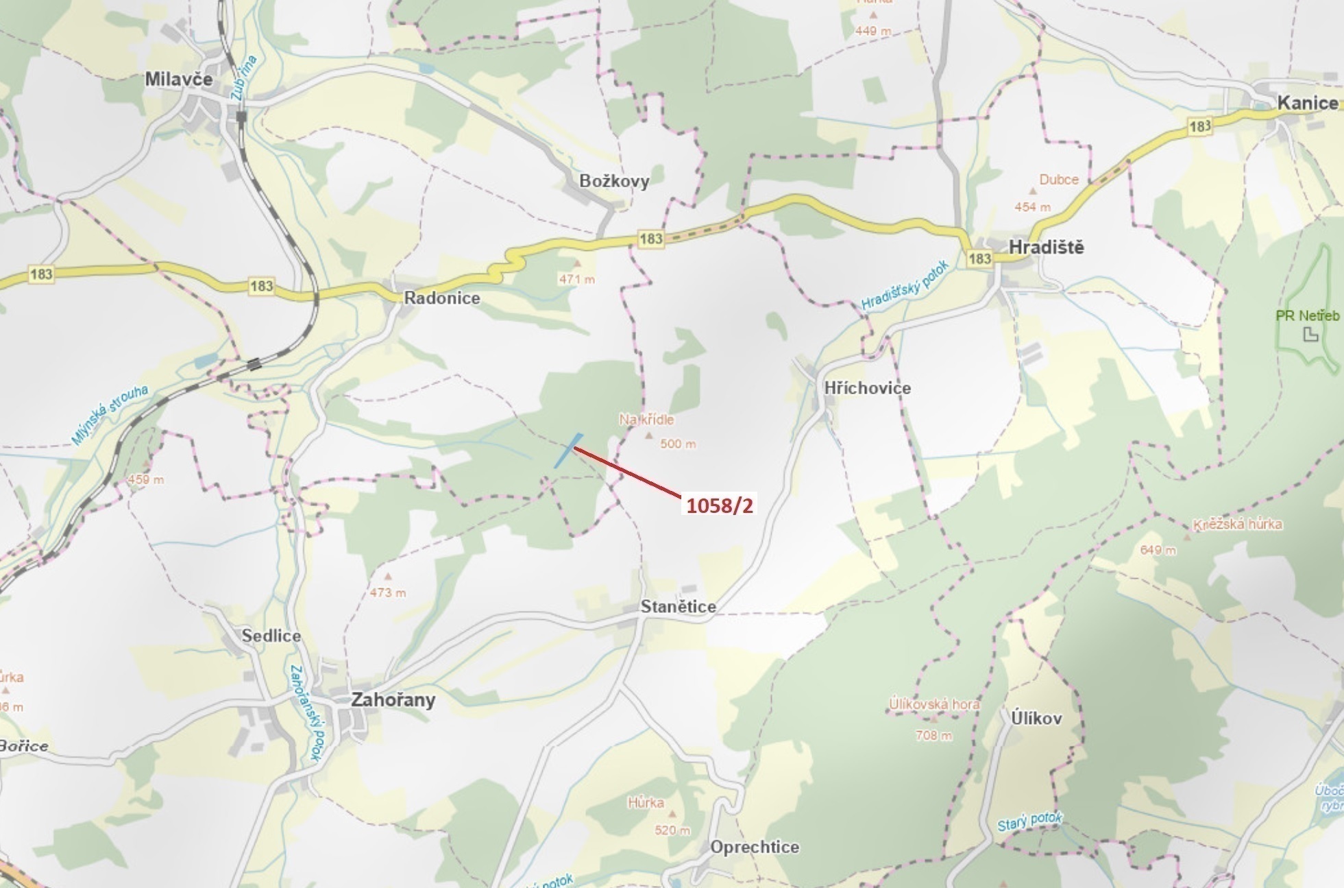 Lesní pozemek o výměře 5 152 m2, podíl 1/1, katastrální území Radonice u Milavčí, obec Milavče, obec