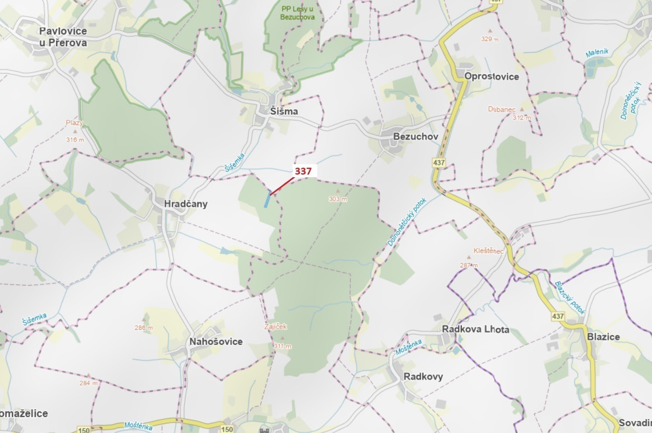 Lesní pozemek o výměře 5 963 m2, podíl 1/1, katastrální území Hradčany na Moravě, obec Hradčany, obe