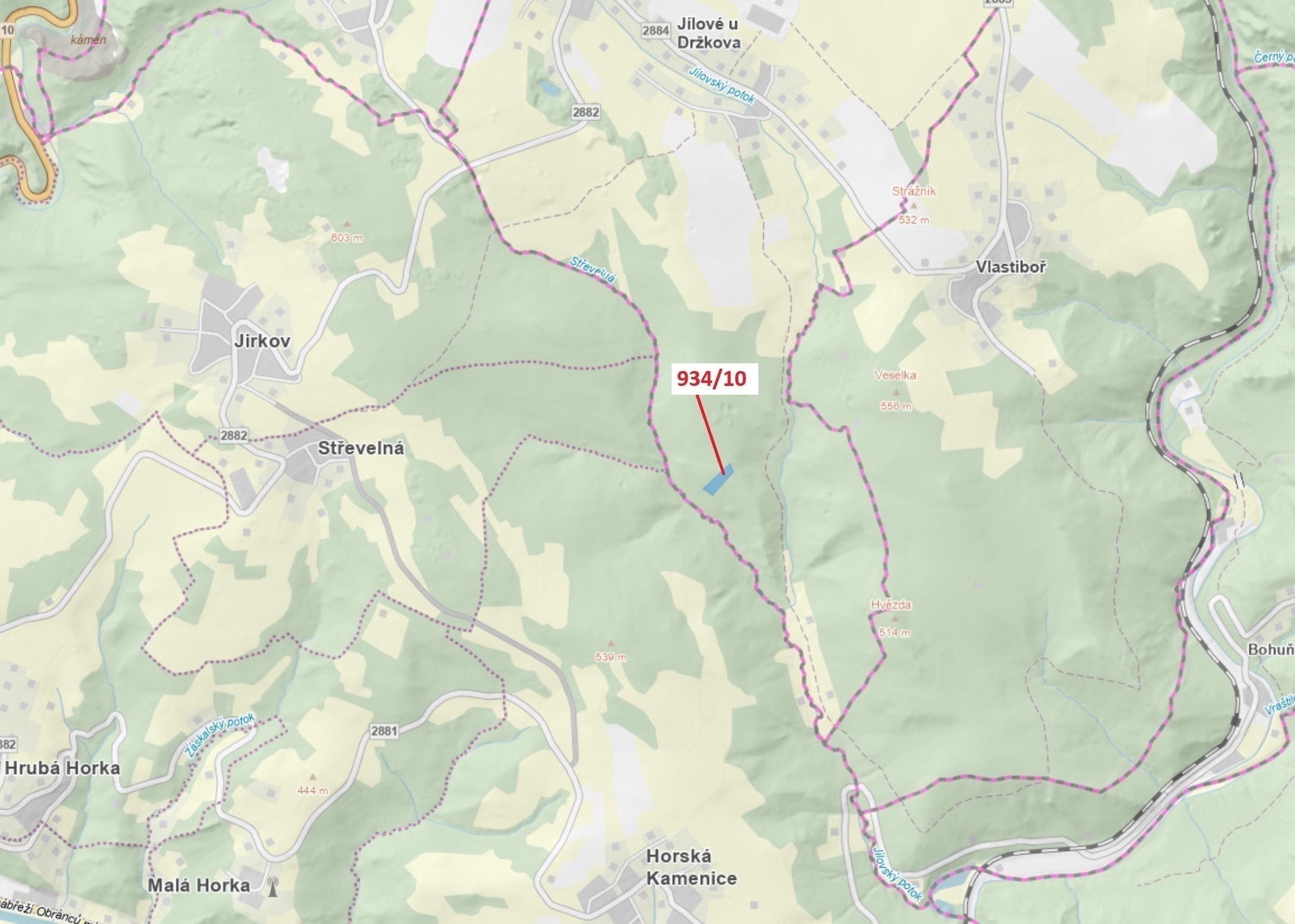 Lesní pozemek o výměře 4 305 m2, podíl 1/1, katastrální území Jílové u Držkova, obec Jílové u Držkov