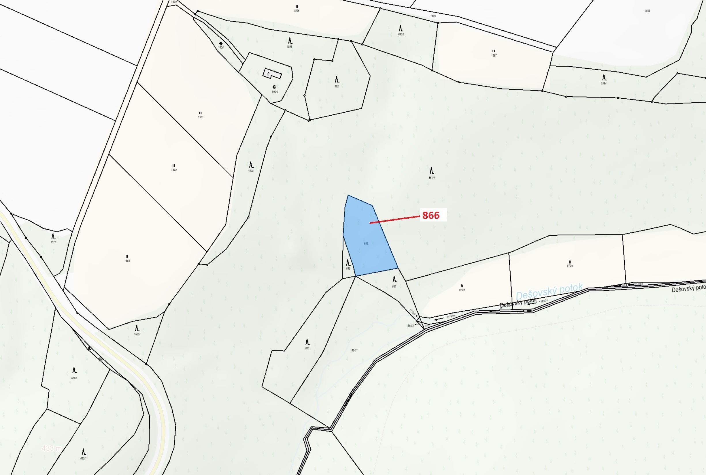 Ostatní plocha o výměře 1277 m2, podíl 1/1, katastrální území Malý Dešov, obec Dešov, obec s rozšíře