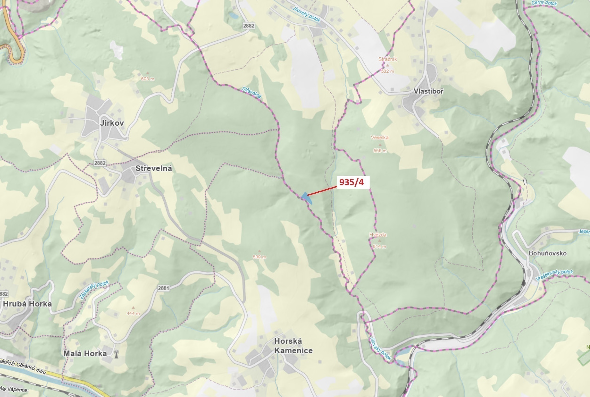 Lesní pozemek o výměře 3 532 m2, podíl 1/1, katastrální území Jílové u Držkova, obec Jílové u Držkov