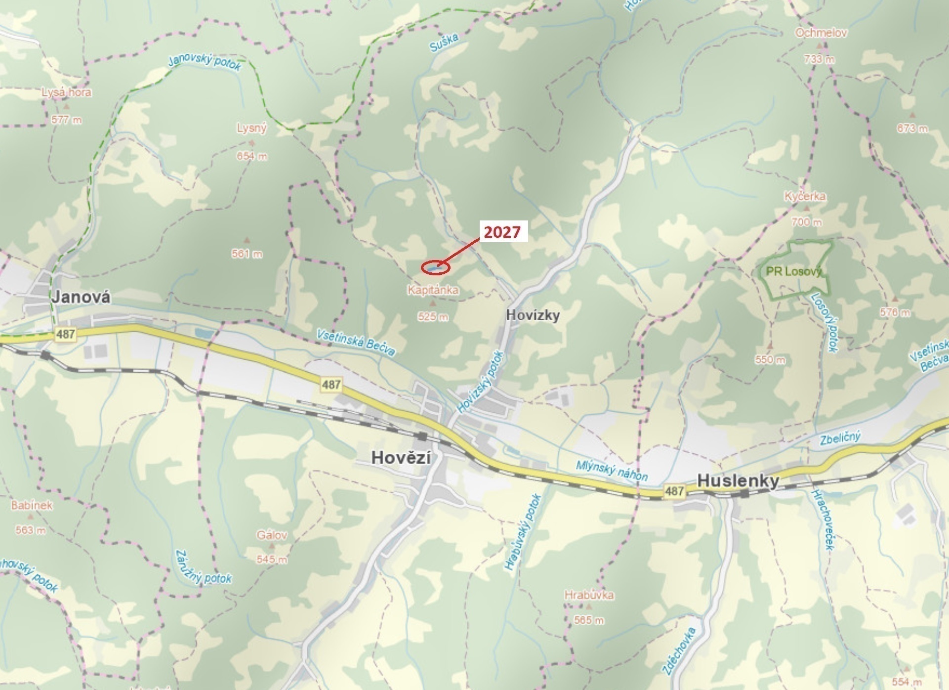 Lesní pozemek o výměře 1252 m2, podíl 1/1, katastrální území Hovězí, obec Hovězí, obec s rozšířenou 