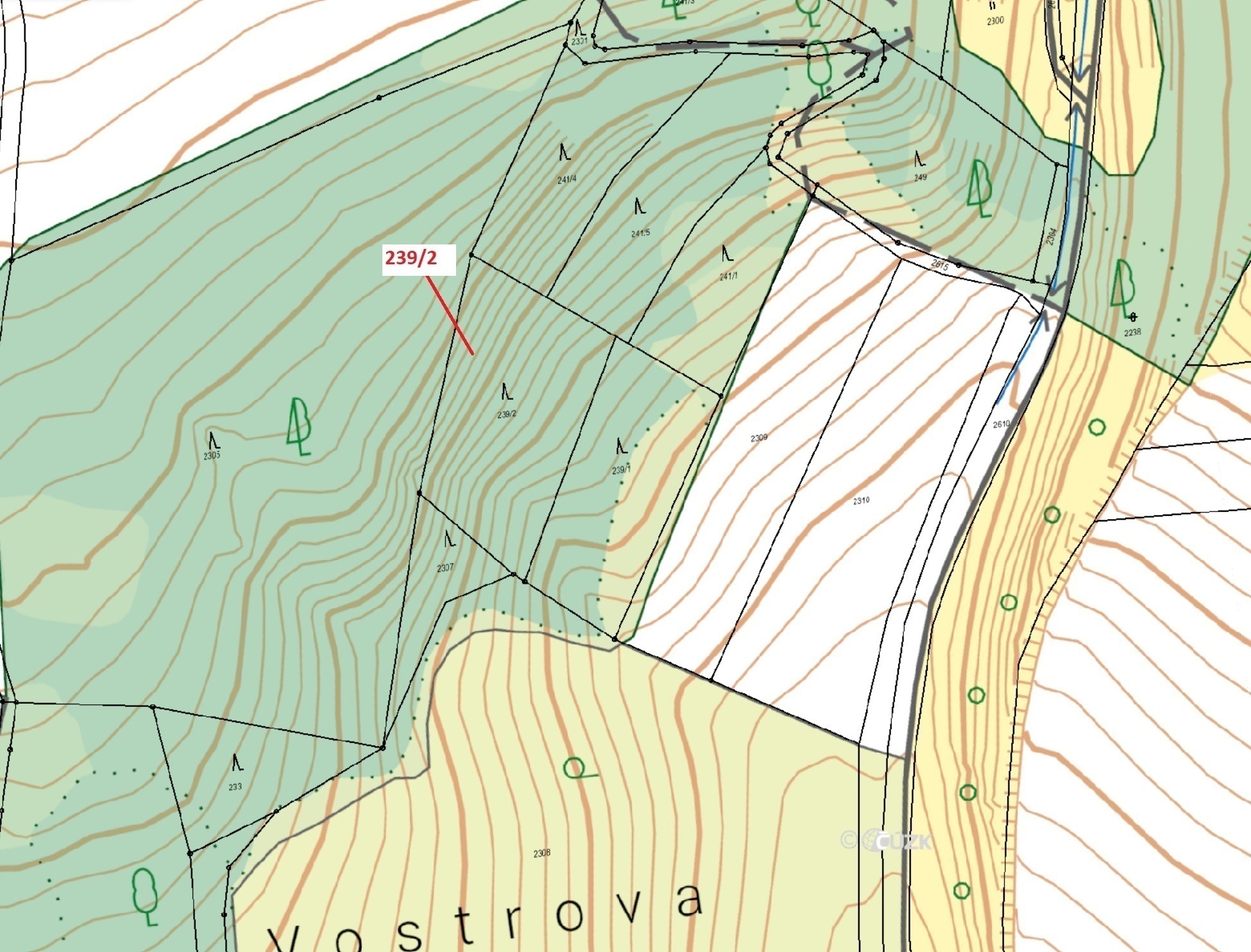Lesní pozemek o výměře 2305 m2, podíl 1/1, katastrální území Jenišovice u Jablonce nad Nisou, obec J