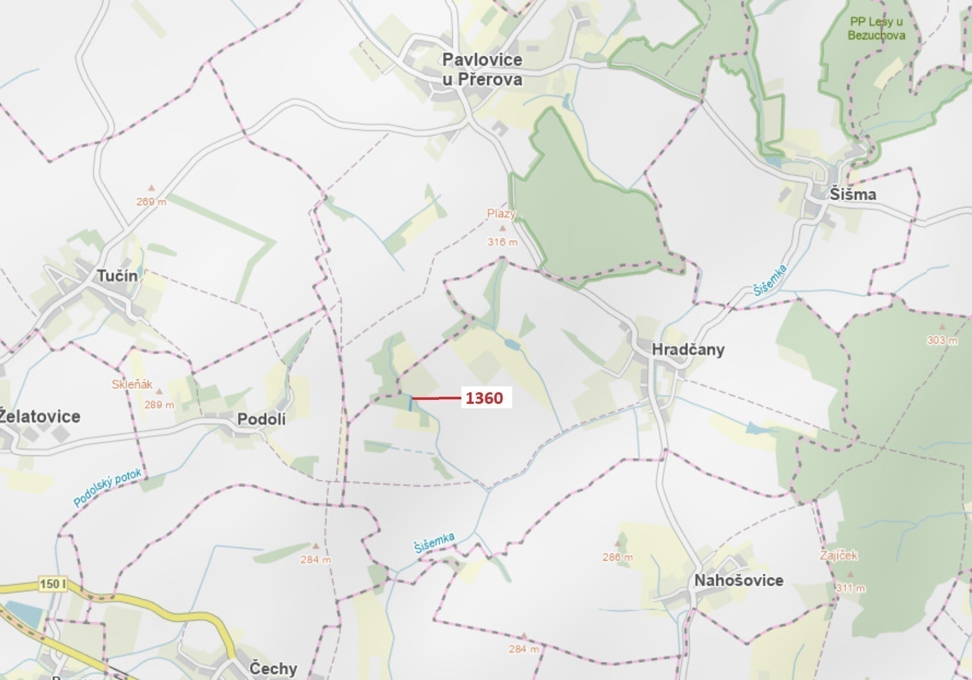 Lesní pozemek o výměře 1221 m2, podíl 1/1, katastrální území Hradčany na Moravě, obec Hradčany, obec