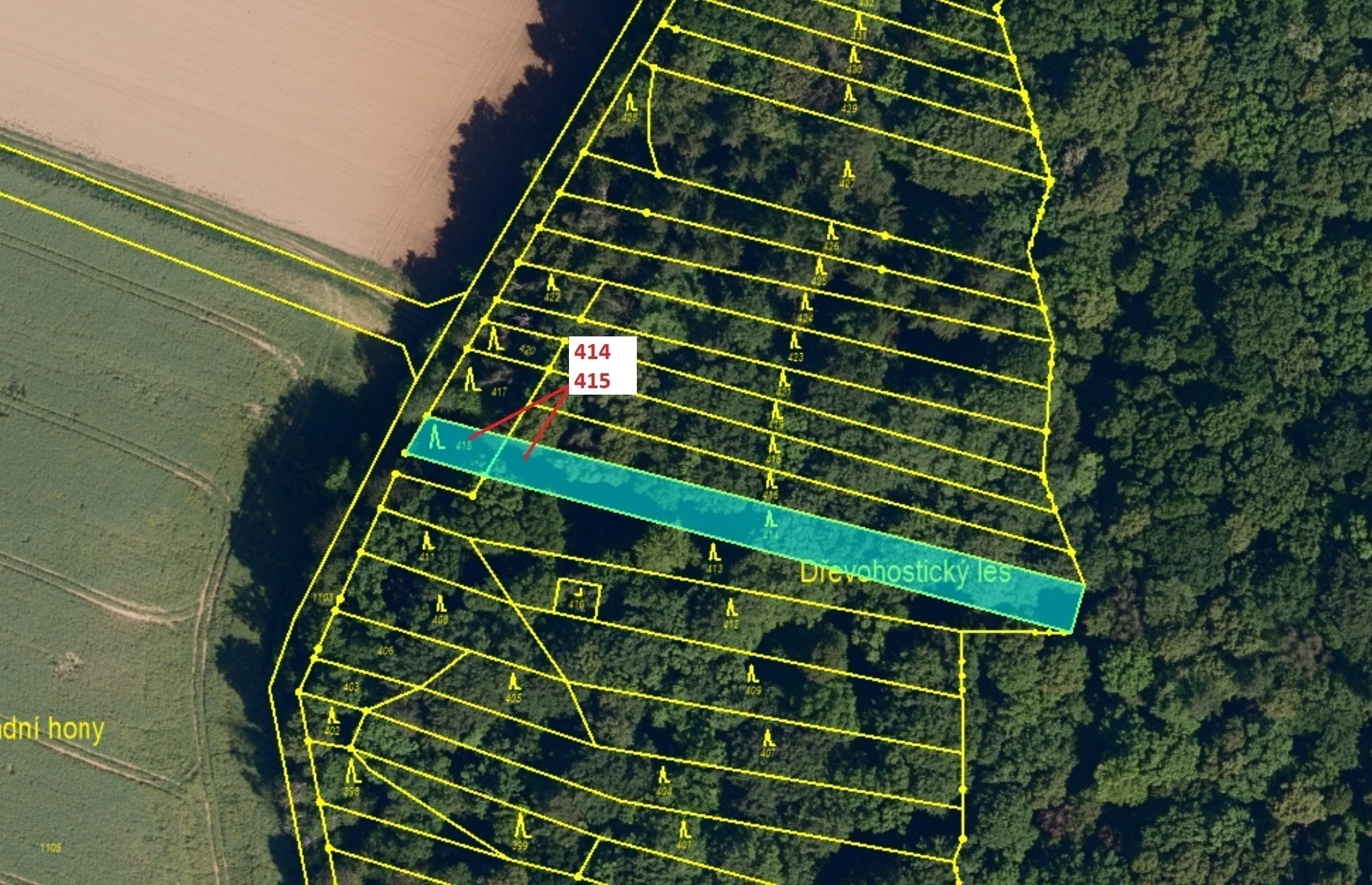 Lesní pozemek o výměře 975 m2, podíl 1/1, katastrální území Hradčany na Moravě, obec Hradčany, obec 