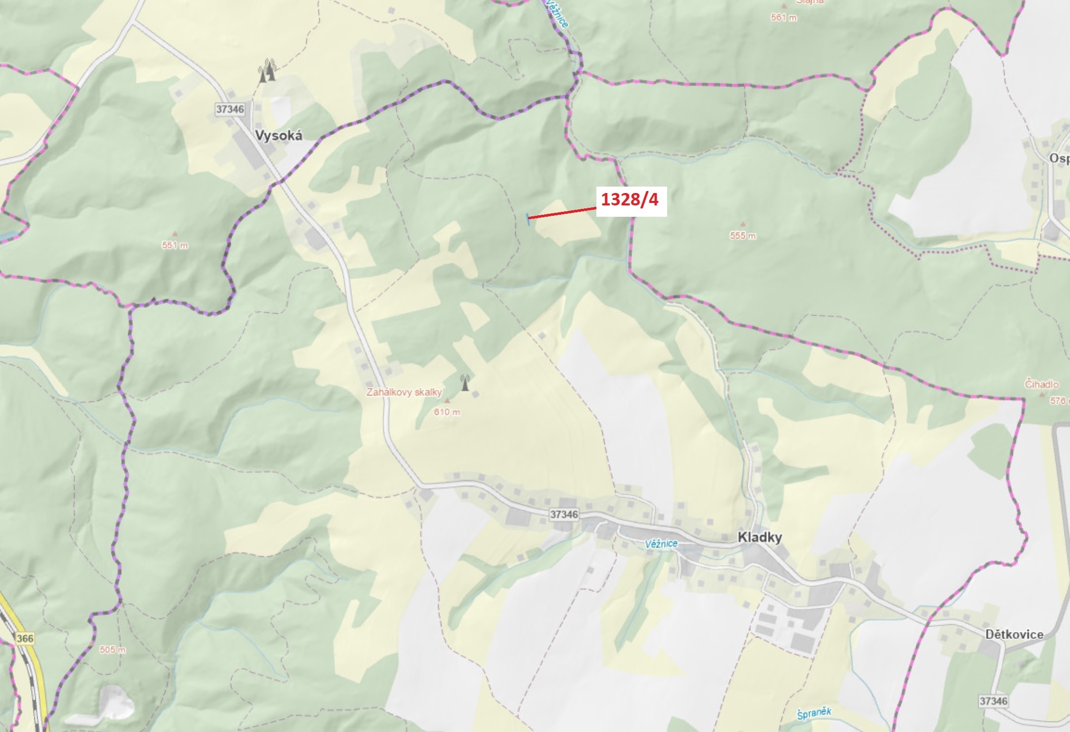 Lesní pozemek o výměře 199 m2, podíl 1/1, katastrální území Kladky, obec Kladky, obec s rozšířenou p