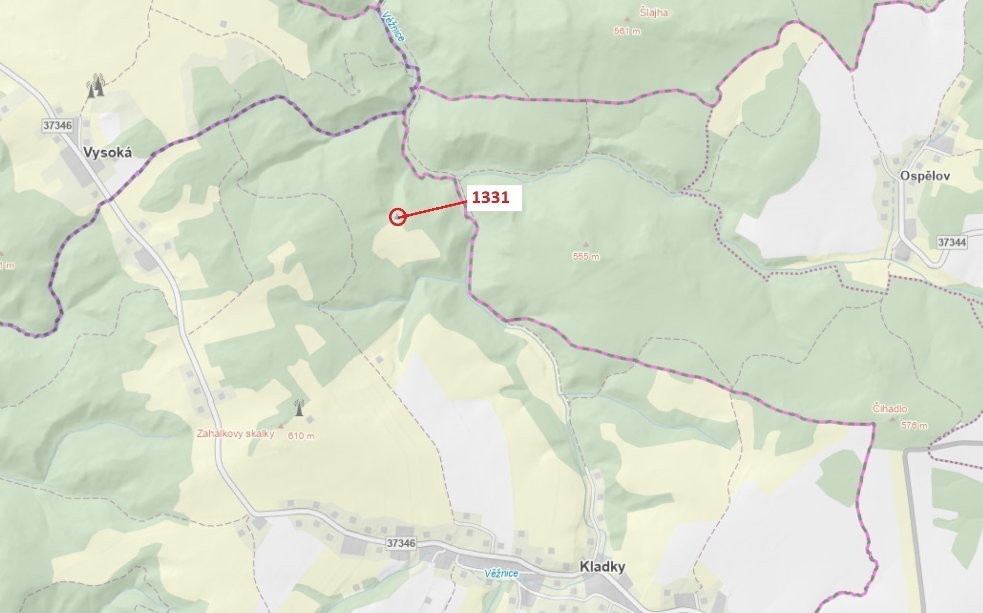 Lesní pozemek o výměře 183 m2, podíl 1/1, katastrální území Kladky, obec Kladky, obec s rozšířenou p
