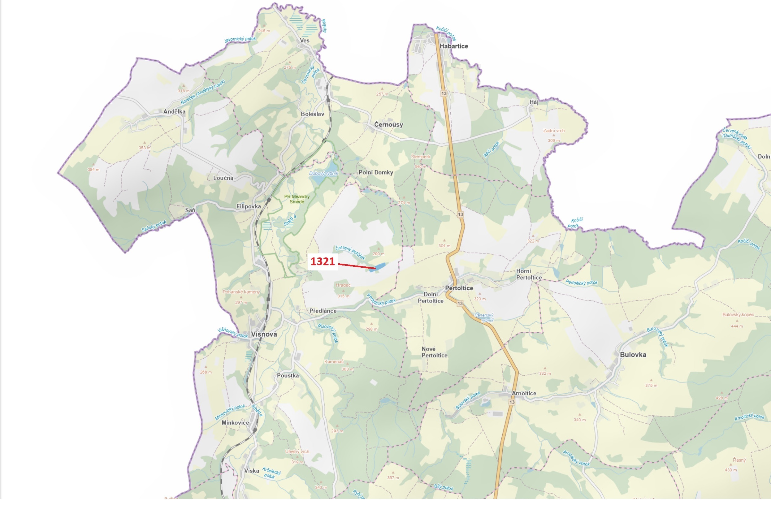 Lesní pozemek o výměře 21 506 m2, podíl 1/1, katastrální území Předlánce, obec Višňová, obec s rozší