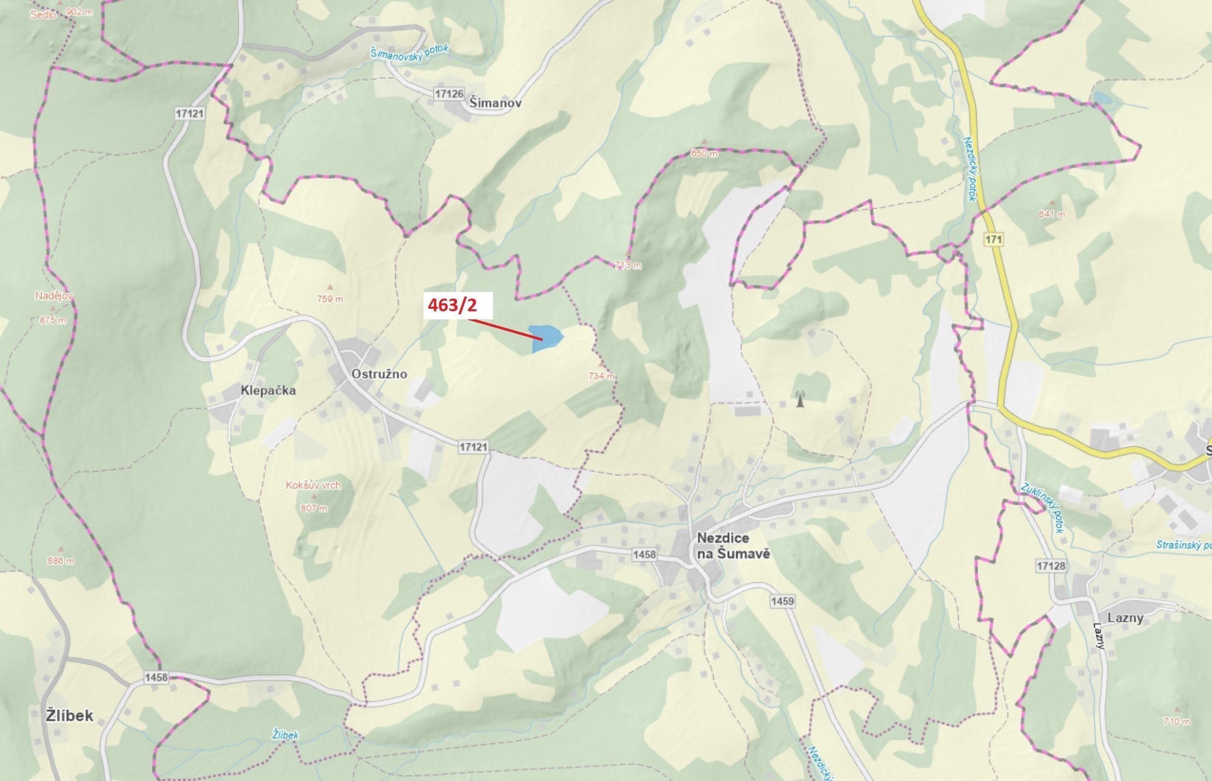 Lesní pozemek o výměře 10 638 m2, podíl 1/1, katastrální území Ostružno na Šumavě, obec Nezdice na Š