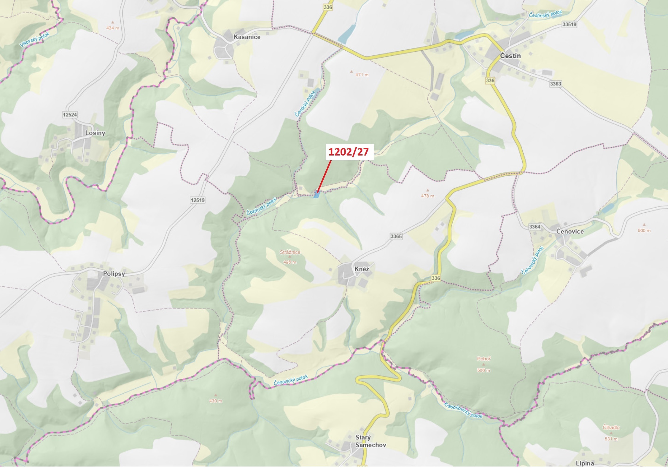 Lesní pozemek o výměře 2055 m2, podíl 1/1, katastrální území Kněž u Čestína, obec Čestín, obec s roz