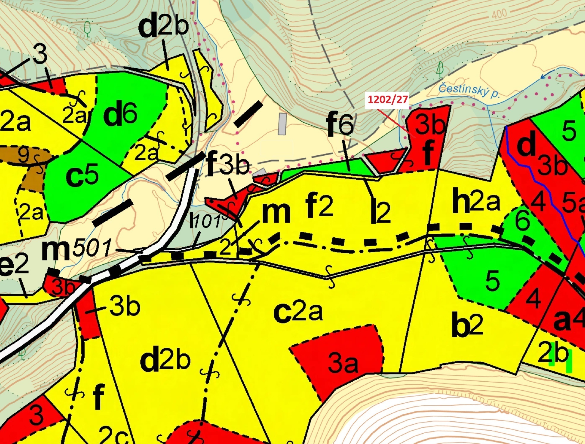 Lesní pozemek o výměře 2055 m2, podíl 1/1, katastrální území Kněž u Čestína, obec Čestín, obec s roz