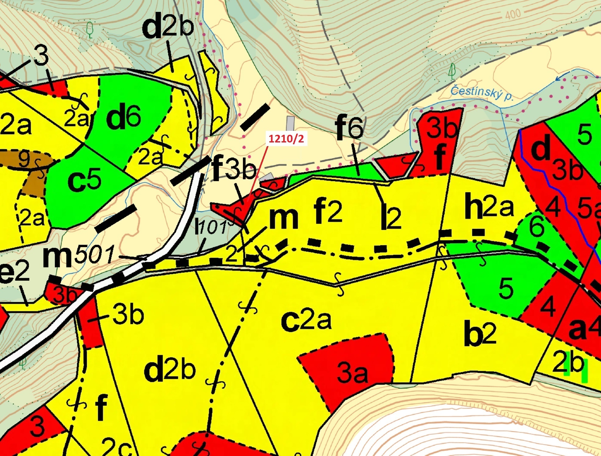 Lesní pozemek o výměře 633 m2, podíl 1/1, katastrální území Kněž u Čestína, obec Čestín, obec s rozš