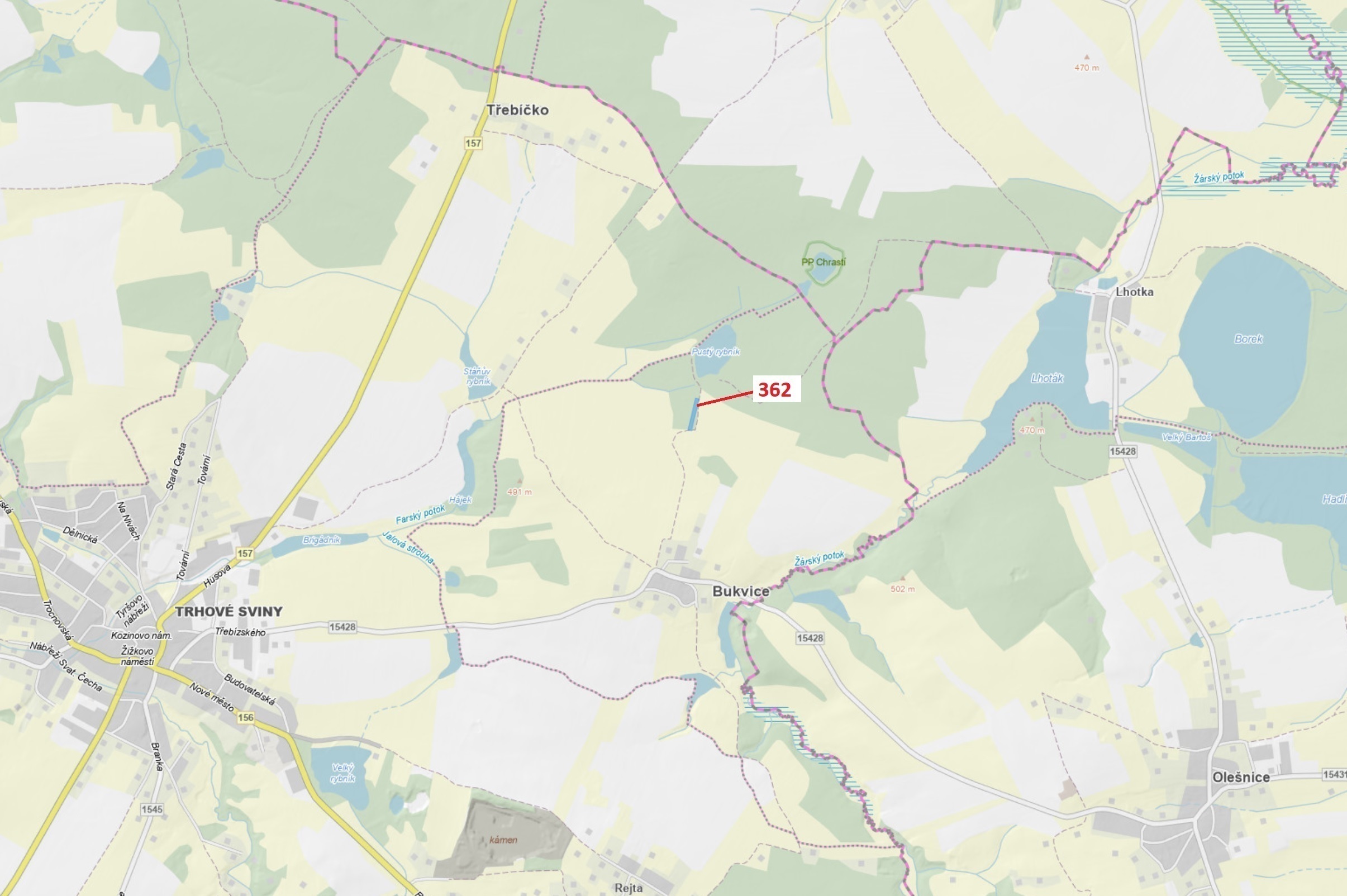 Lesní pozemek o výměře 2498 m2, podíl 1/1, katastrální území Bukvice u Trhových Svinů, obec Trhové S