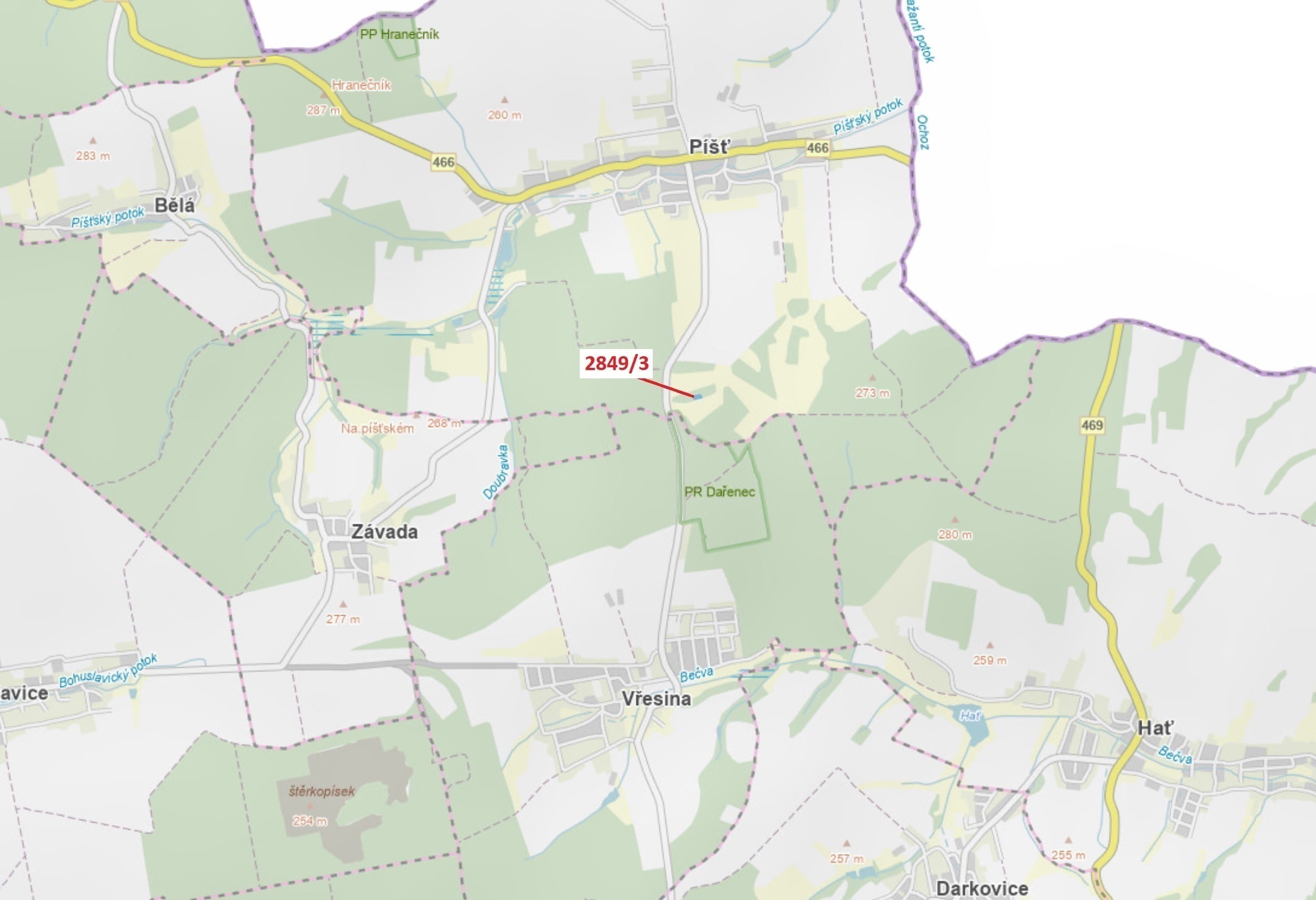 Lesní pozemek o výměře 1130 m2, podíl 1/1, katastrální území Píšť, obec Píšť, obec s rozšířenou půso