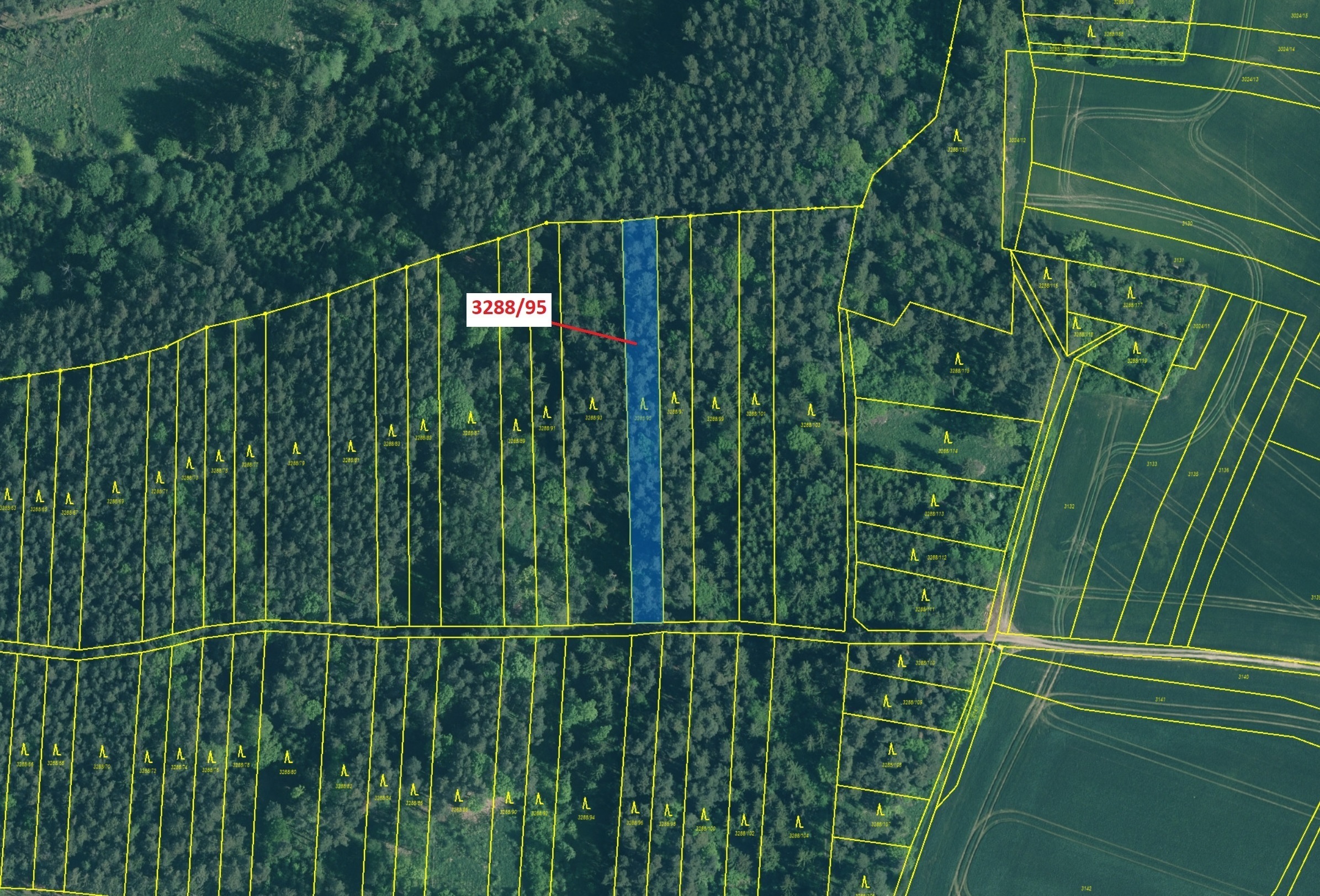 Lesní pozemek o výměře 1735 m2, podíl 1/1, katastrální území Hosty, obec Hosty, obec s rozšířenou pů