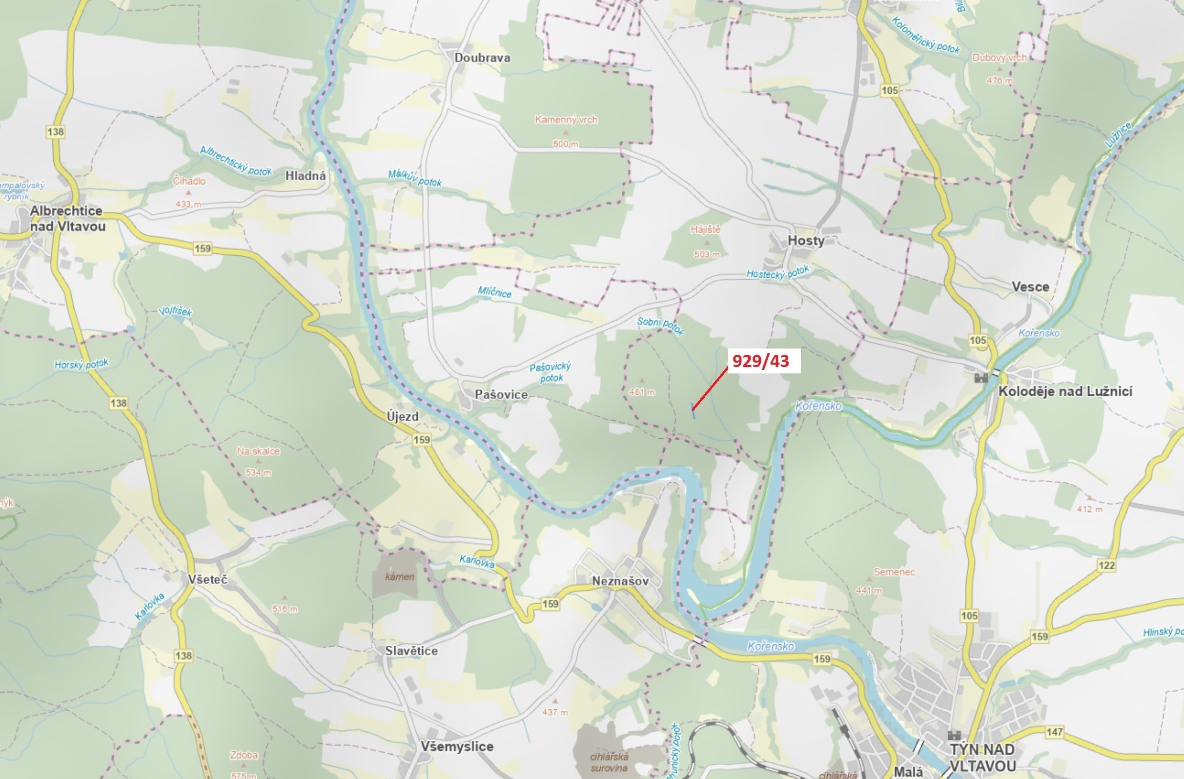 Lesní pozemek o výměře 1258 m2, podíl 1/1, katastrální území Hosty, obec Hosty, obec s rozšířenou pů