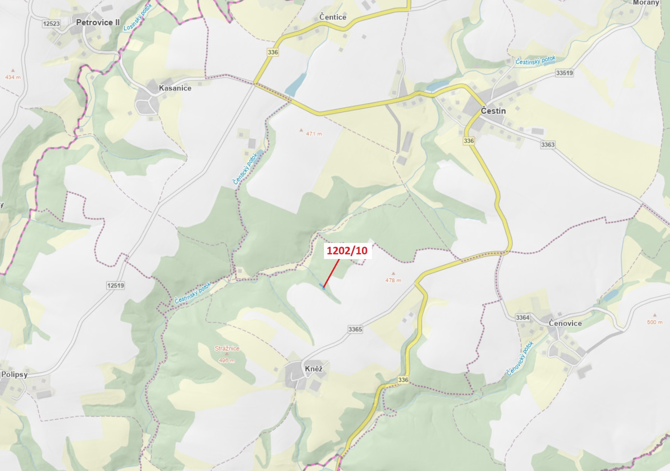 Lesní pozemek o výměře 557 m2, podíl 1/1, katastrální území Kněž u Čestína, obec Čestín, obec s rozš