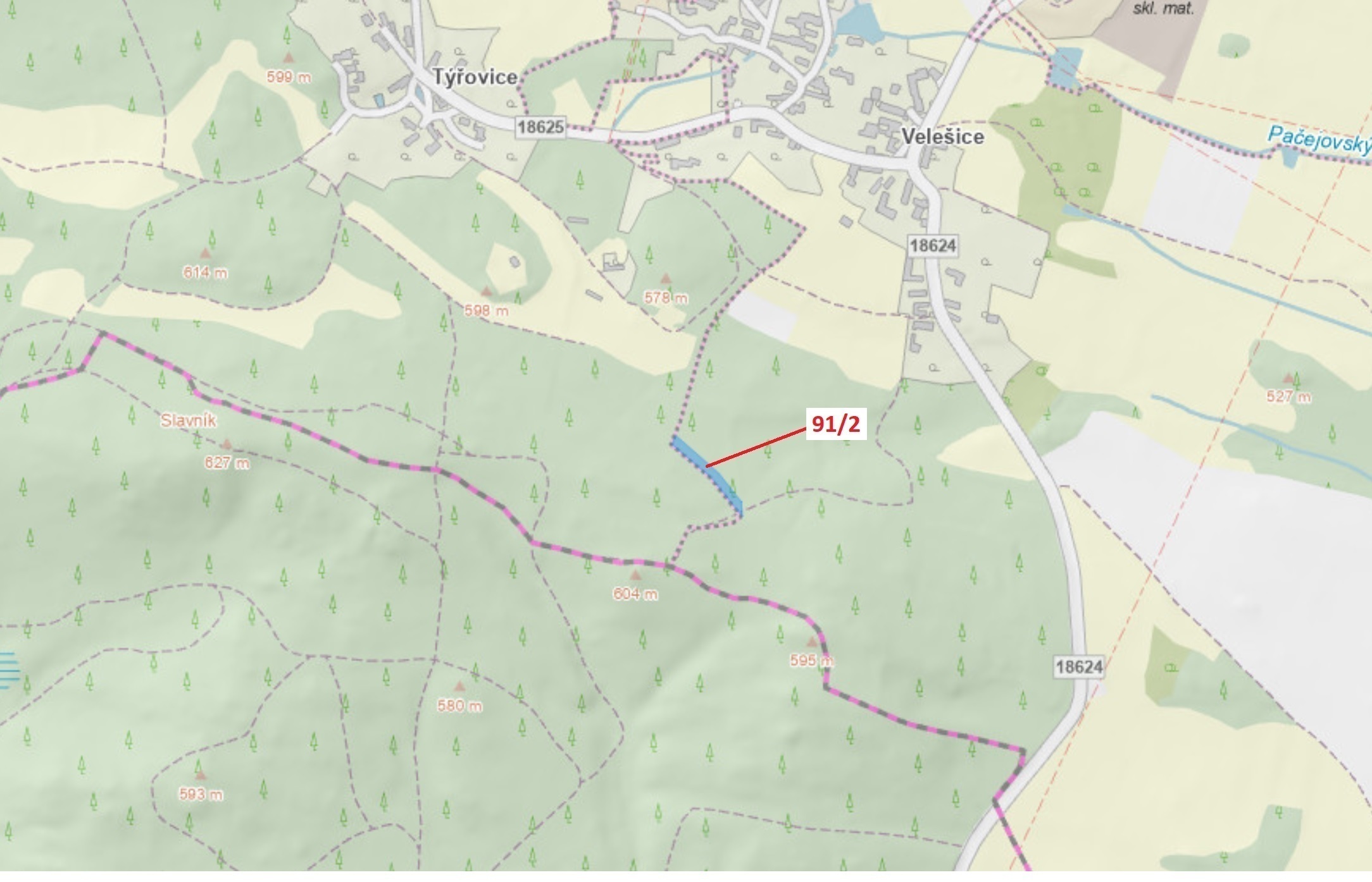 Lesní pozemek o výměře 1363 m2, podíl 1/1, katastrální území Velešice u Pačejova, obec Pačejov, obec