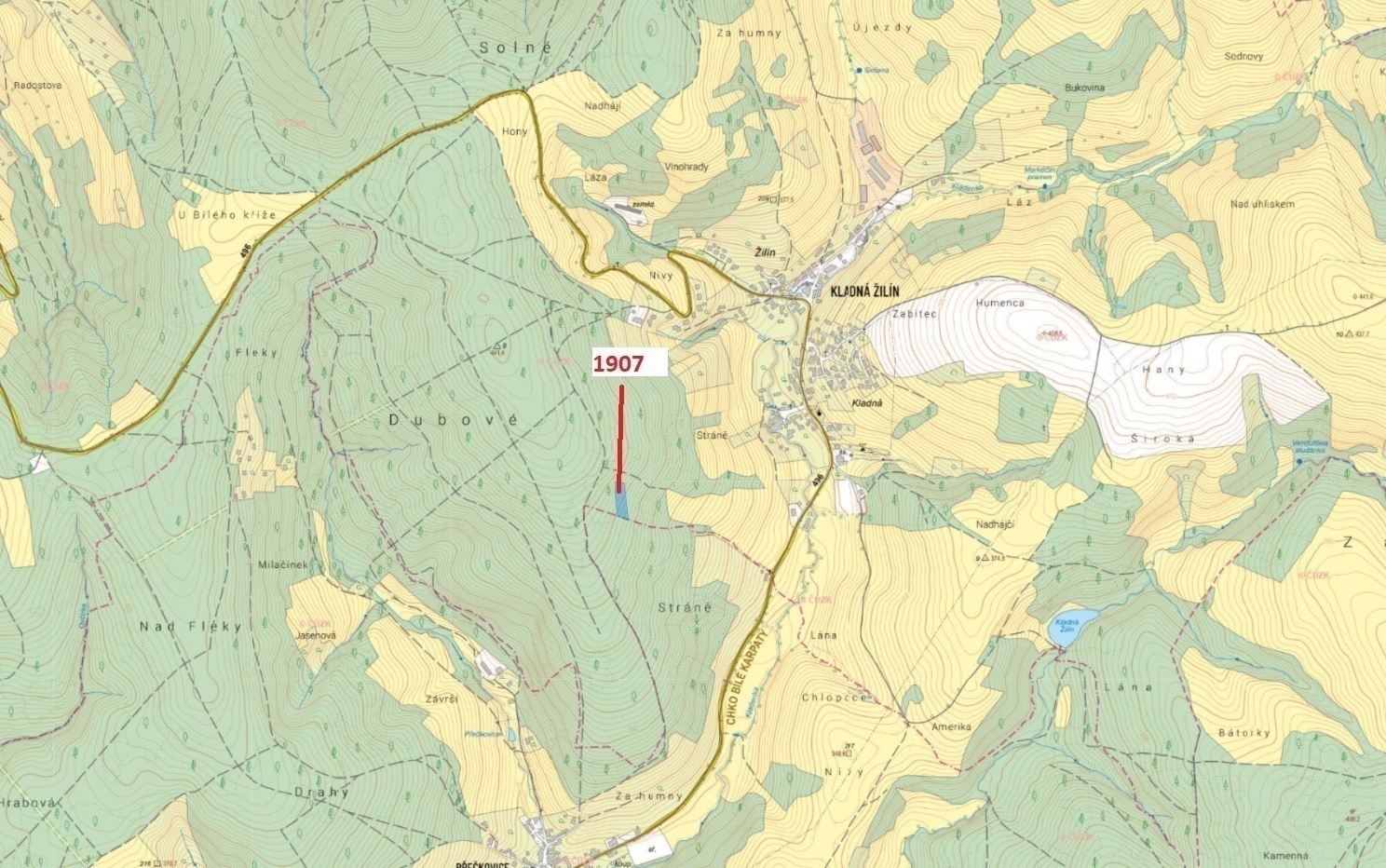 Lesní pozemek o výměře 3147 m2, podíl 1/1, katastrální území Kladná Žilín, obec Luhačovice, obec s r