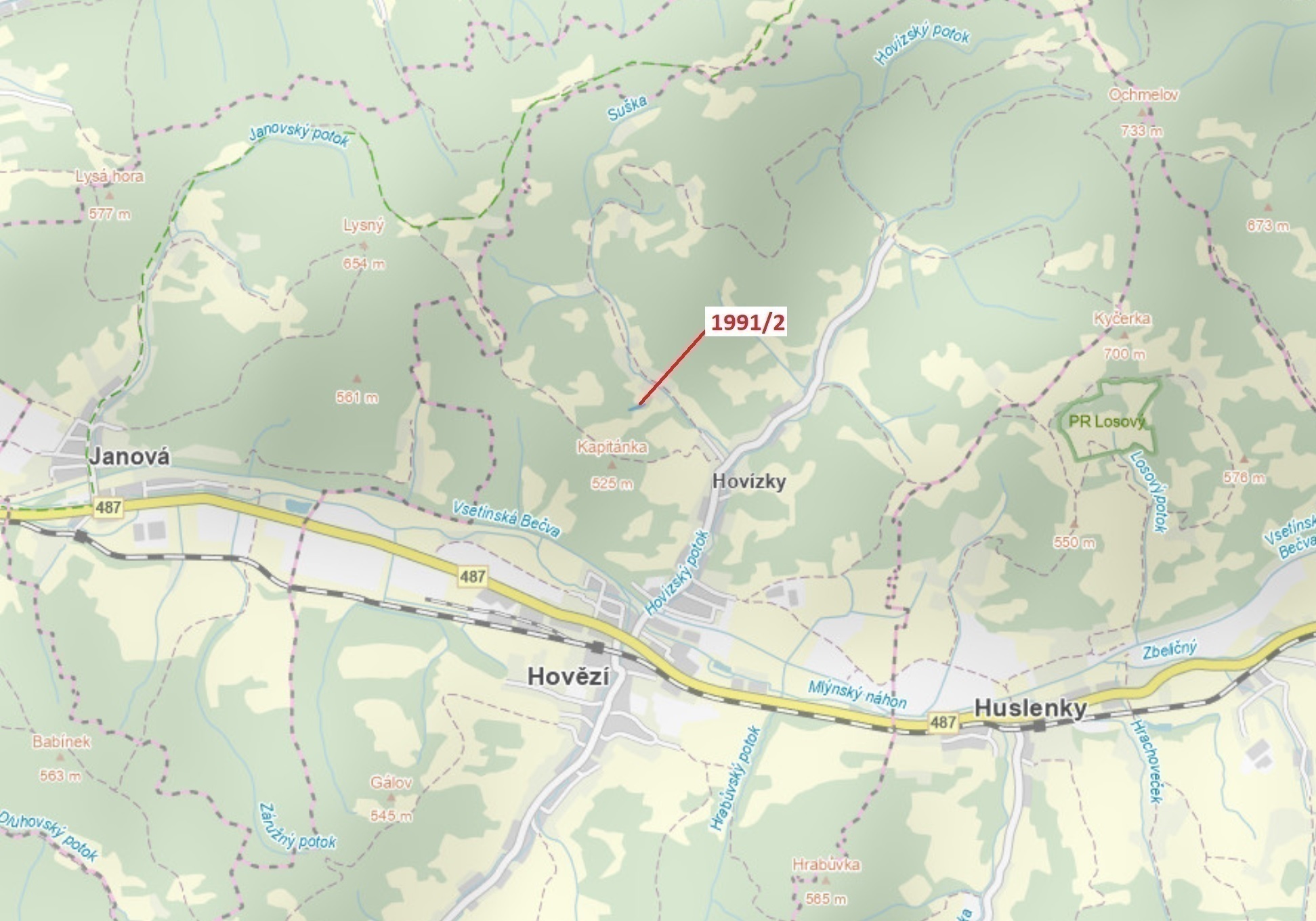 Lesní pozemek o výměře 933 m2, podíl 1/1, katastrální území Hovězí, obec Hovězí, obec s rozšířenou p