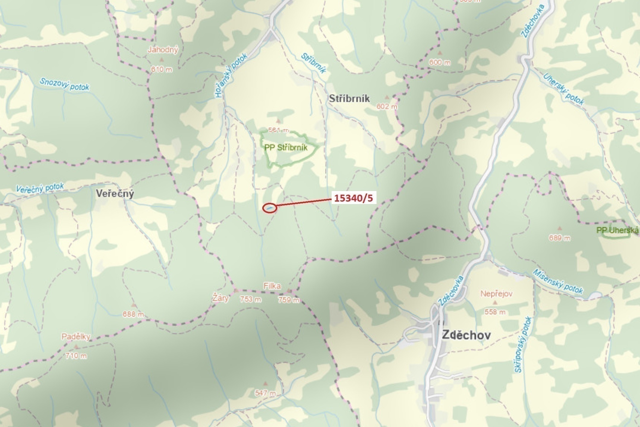 Lesní pozemek o výměře 312 m2, podíl 1/1, katastrální území Hovězí, obec Hovězí, obec s rozšířenou p