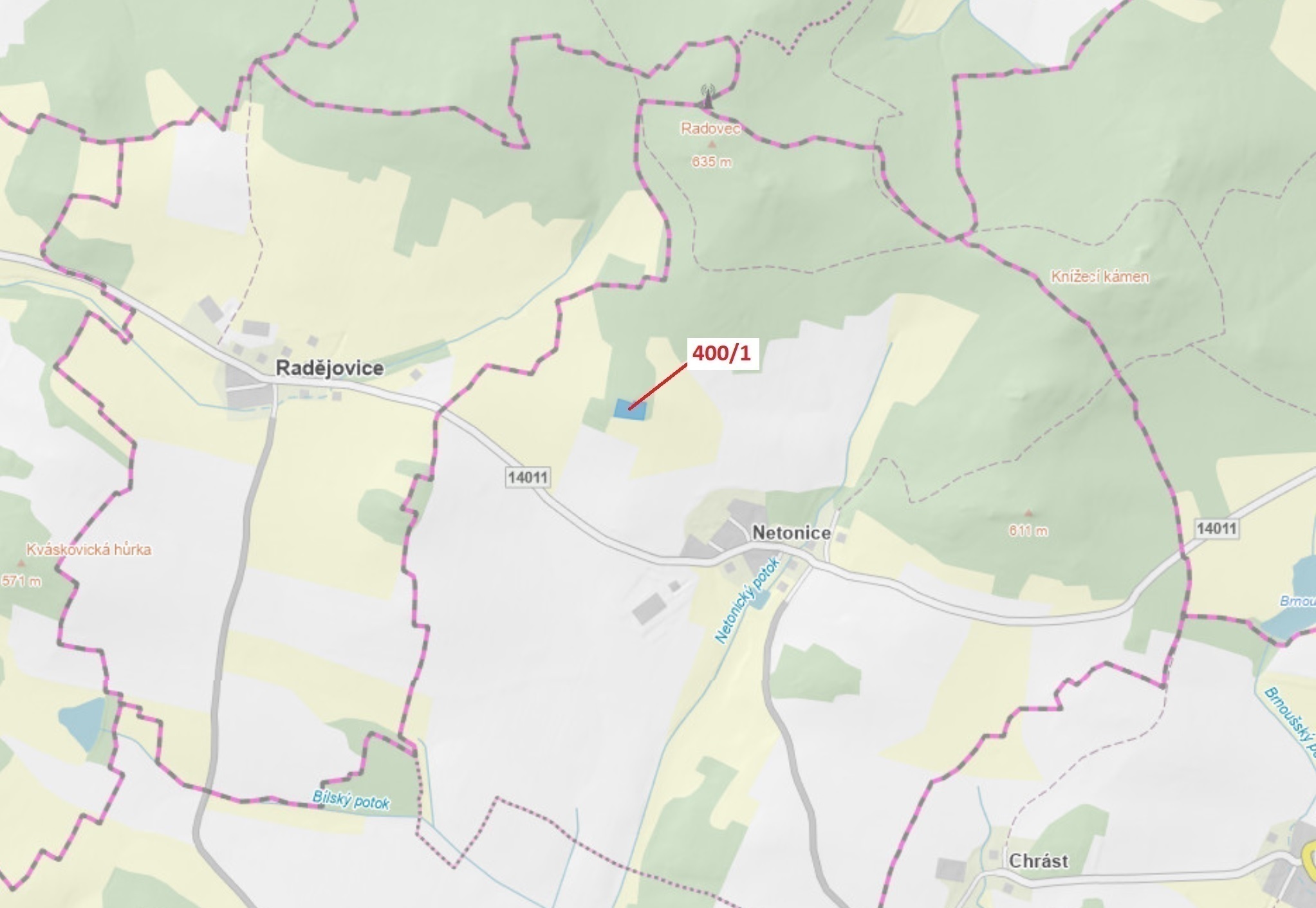 Lesní pozemek o výměře 3965 m2, podíl 1/1, katastrální území Netonice, obec Bílsko, obec s rozšířeno