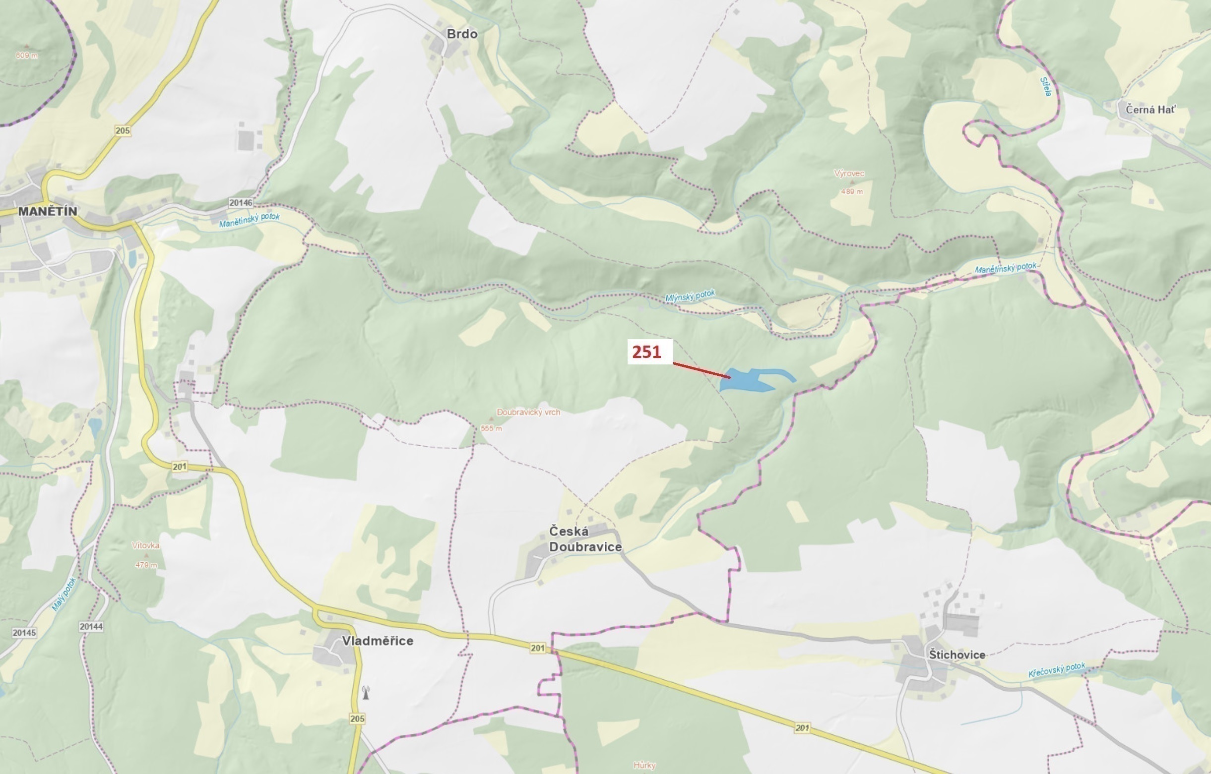 Lesní pozemek o výměře 25 680 m2, podíl 1/1, katastrální území Česká Doubravice, obec Manětín, obec 