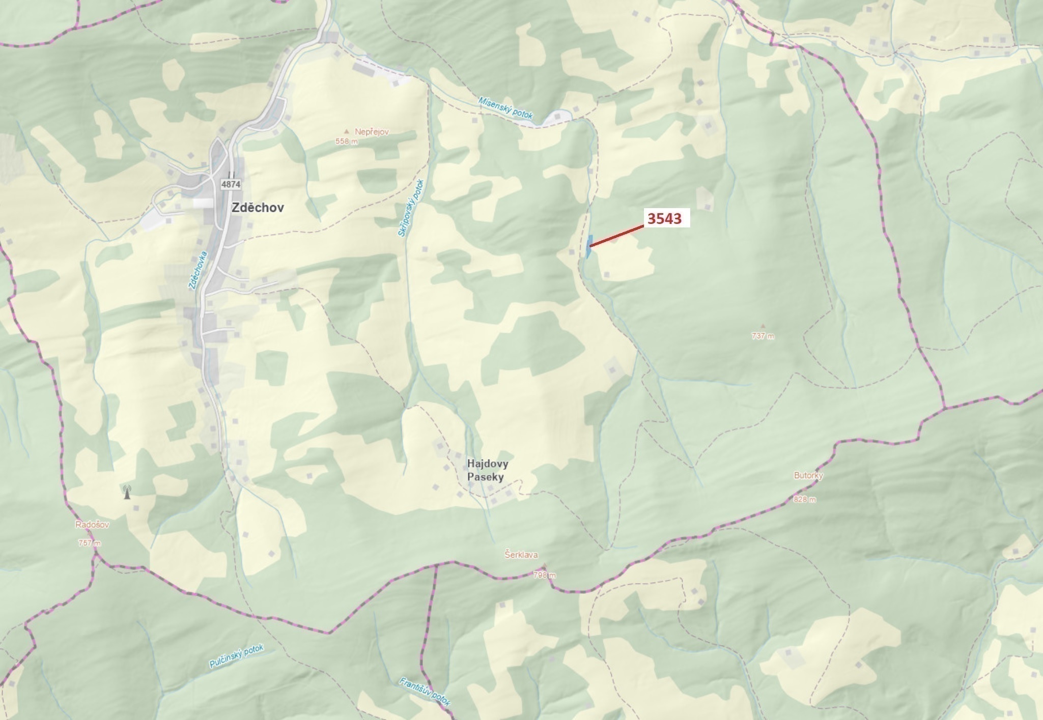 Lesní pozemek o výměře 1866 m2, podíl 1/1, katastrální území Zděchov, obec Zděchov, obec s rozšířeno