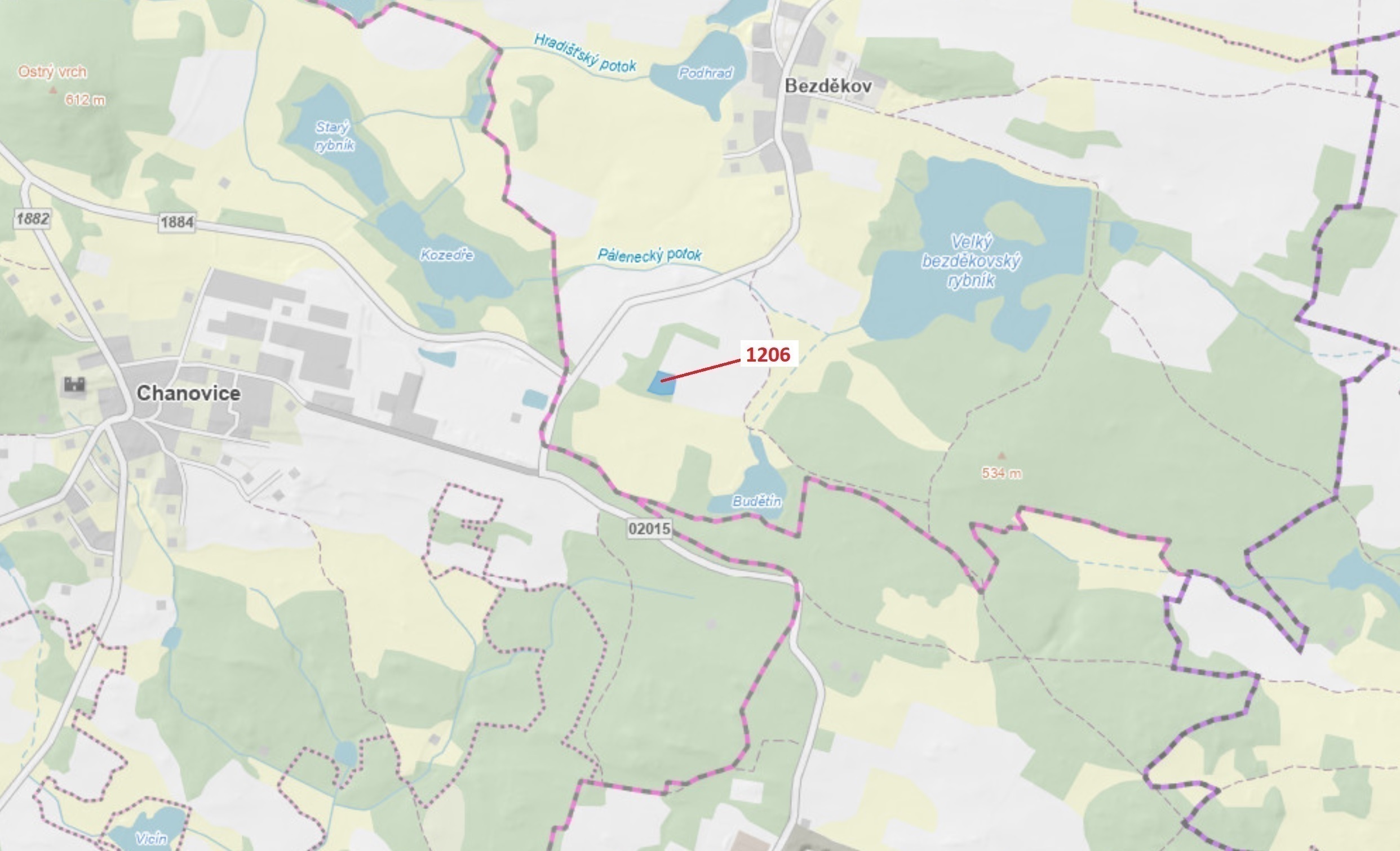 Lesní pozemek o výměře 3 718 m2, podíl 1/1, katastrální území Bezděkov u Kasejovic, obec Hradiště, o