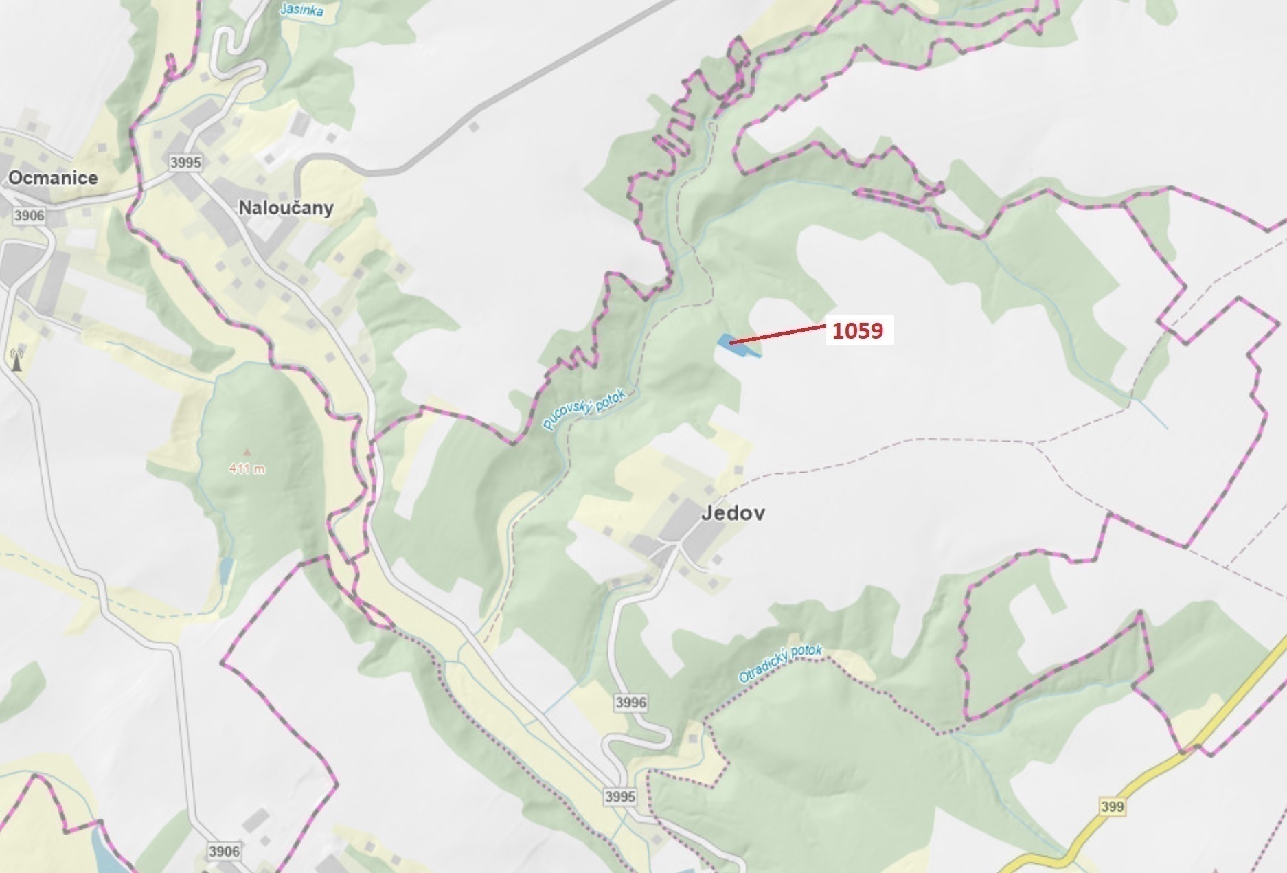 Lesní pozemek o výměře 3646 m2, podíl 1/1, katastrální území Jedov, obec Náměšť nad Oslavou, obec s 