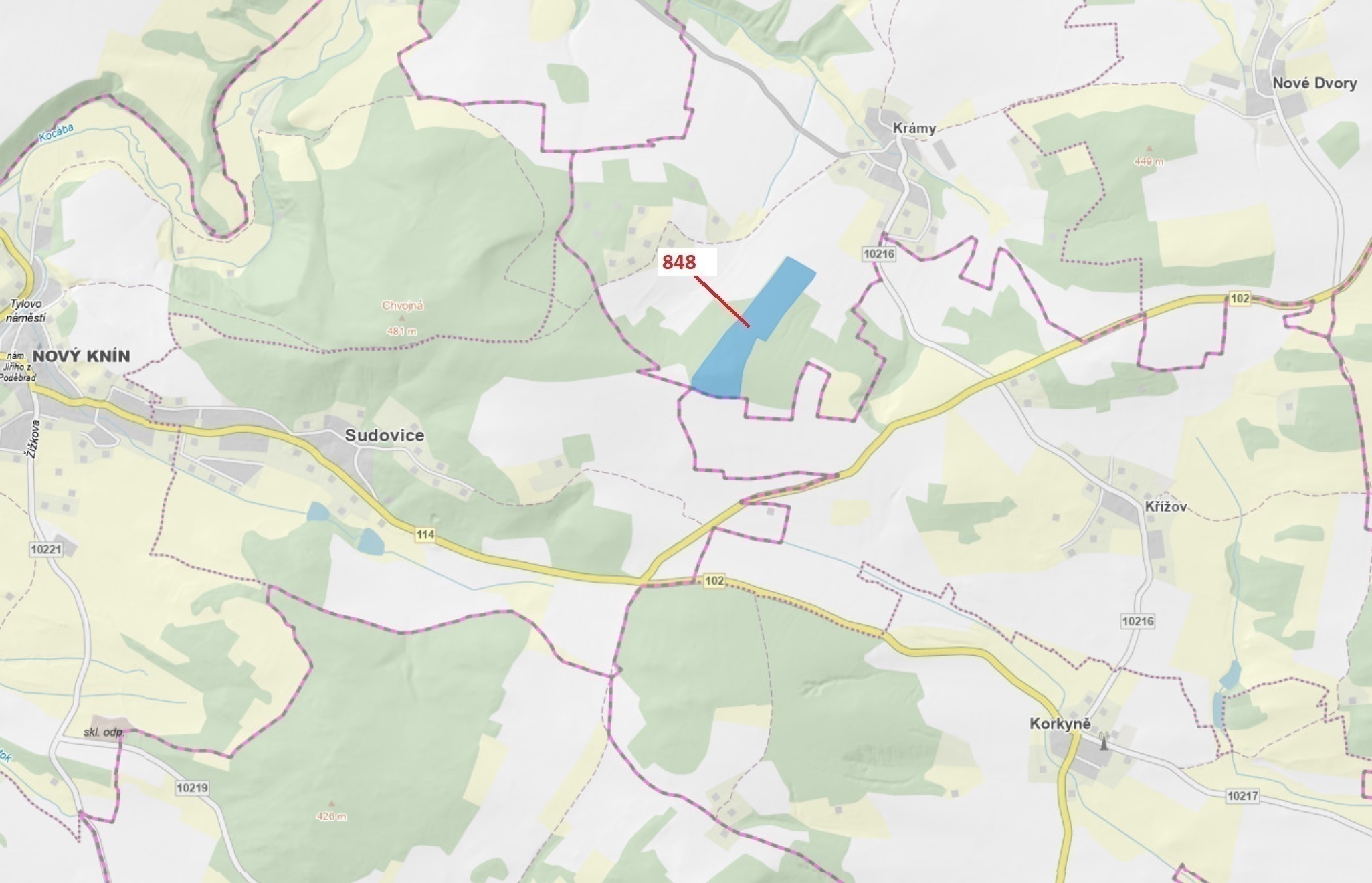 Lesní pozemek o výměře 81 658 m2, podíl 1/1, katastrální území Krámy, obec Nové Dvory, obec s rozšíř