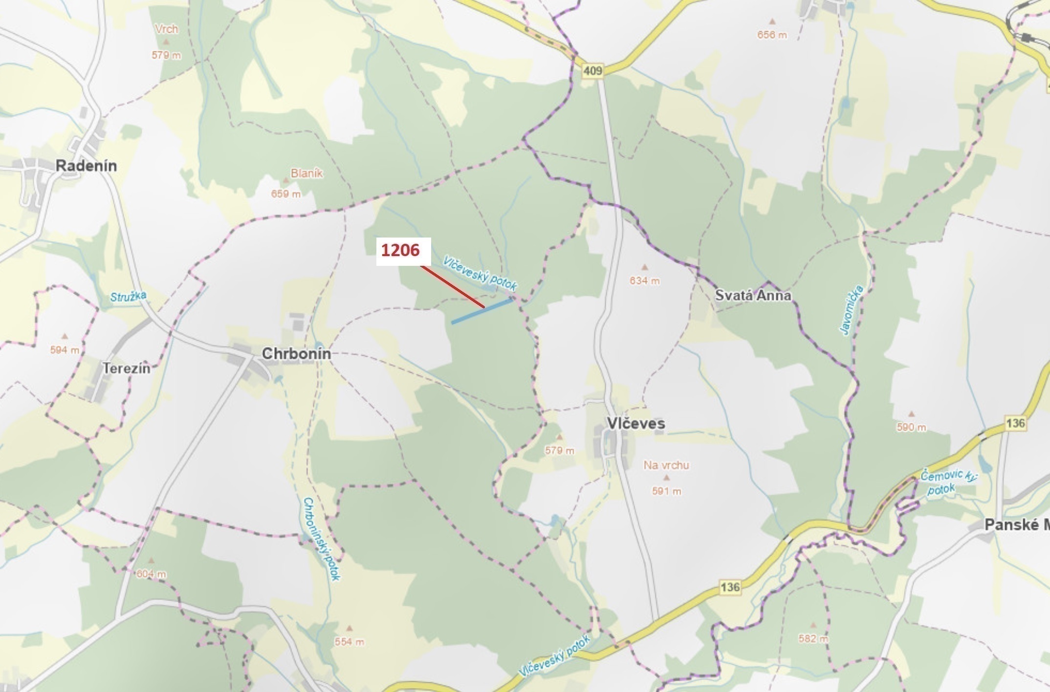 Lesní pozemek o výměře 10 189 m2, podíl 1/1, katastrální území Chrbonín, obec Chrbonín, obec s rozší