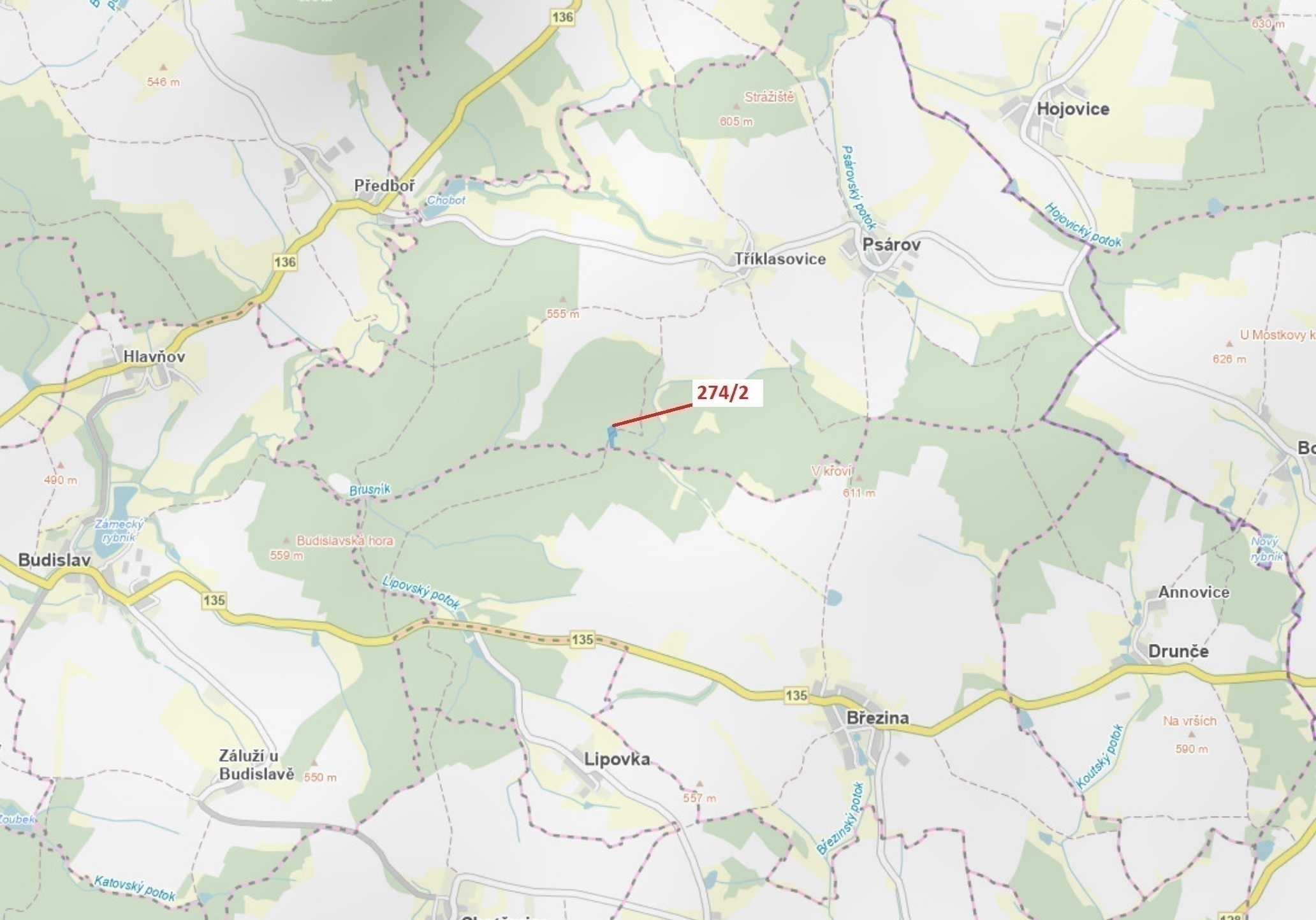 Lesní pozemek o výměře 5 348 m2, podíl 1/1, katastrální území Tříklasovice, obec Psárov, obec s rozš