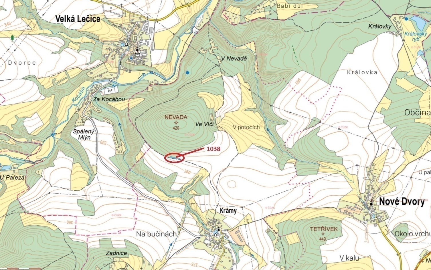 Lesní pozemek o výměře 953 m2, podíl 1/1, katastrální území Krámy, obec Nové Dvory, obec s rozšířeno