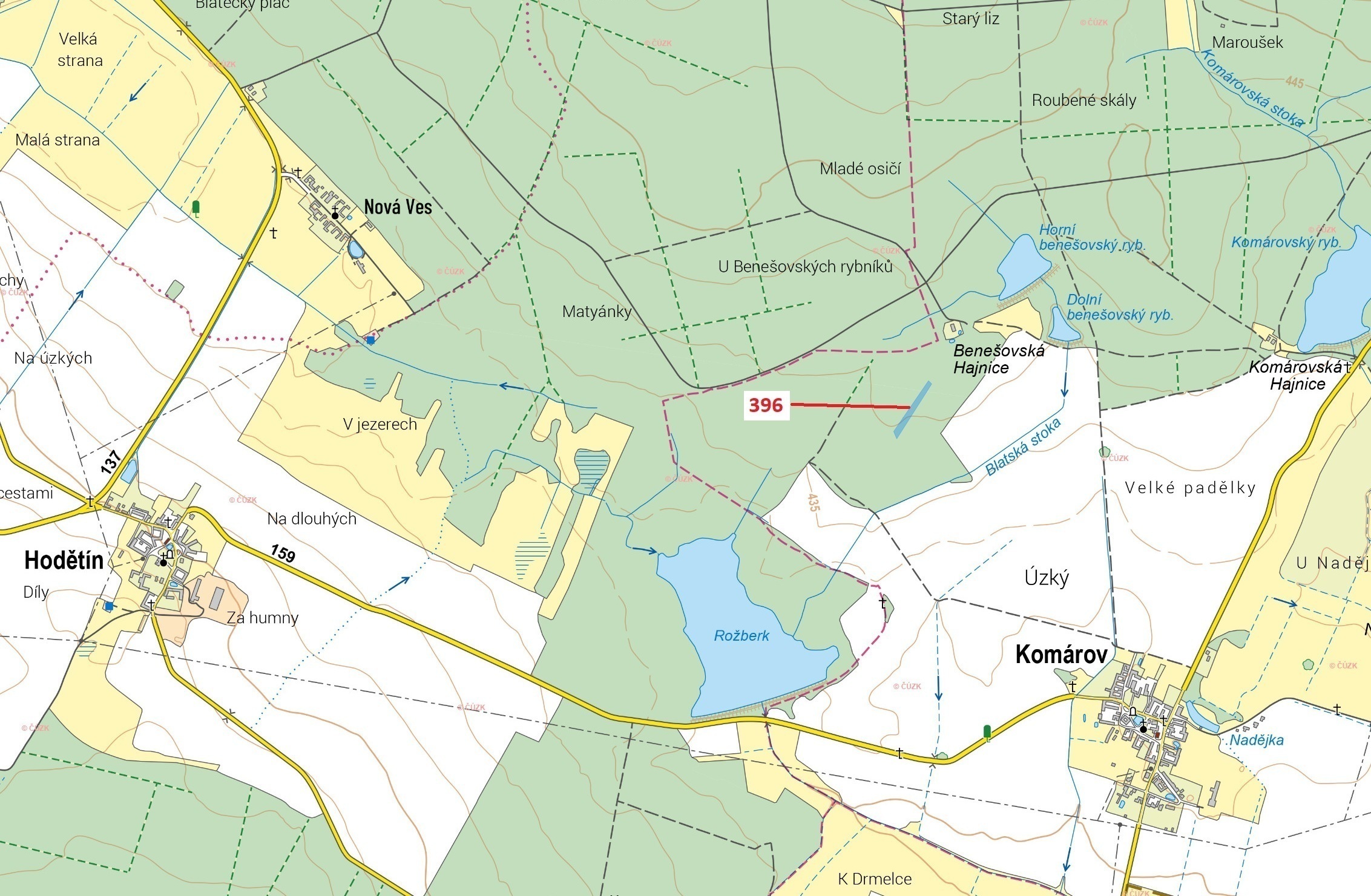 Lesní pozemek o výměře 3832 m2, podíl 1/1, katastrální území Komárov u Soběslavi, obec Komárov, obec