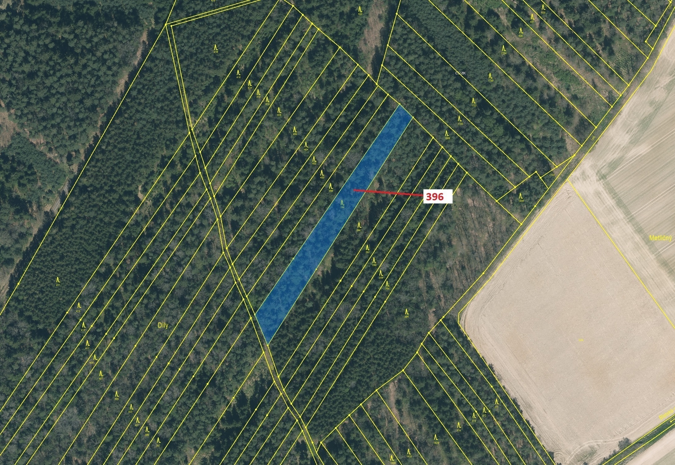 Lesní pozemek o výměře 3832 m2, podíl 1/1, katastrální území Komárov u Soběslavi, obec Komárov, obec