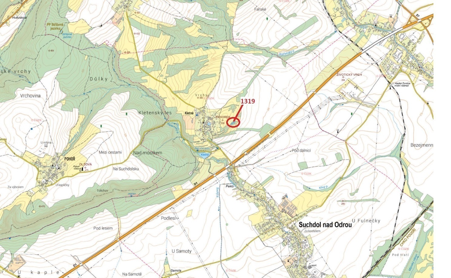 Lesní pozemek o výměře 2439 m2, podíl 1/1, katastrální území Kletné, obec Suchdol nad Odrou, obec s 