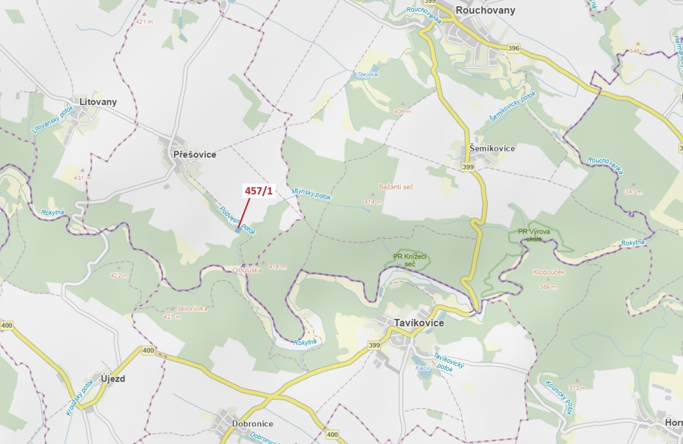 Lesní pozemek o výměře 4115 m2, podíl 1/1, katastrální území Přešovice, obec Přešovice, obec s rozší