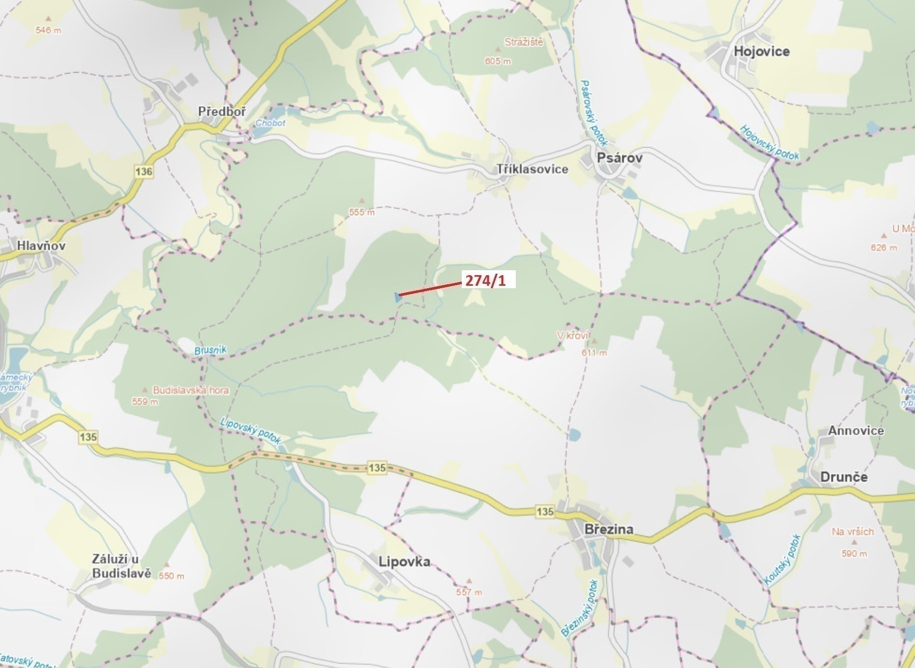 Lesní pozemek o výměře 2949 m2, podíl 1/1, katastrální území Tříklasovice, obec Psárov, obec s rozší