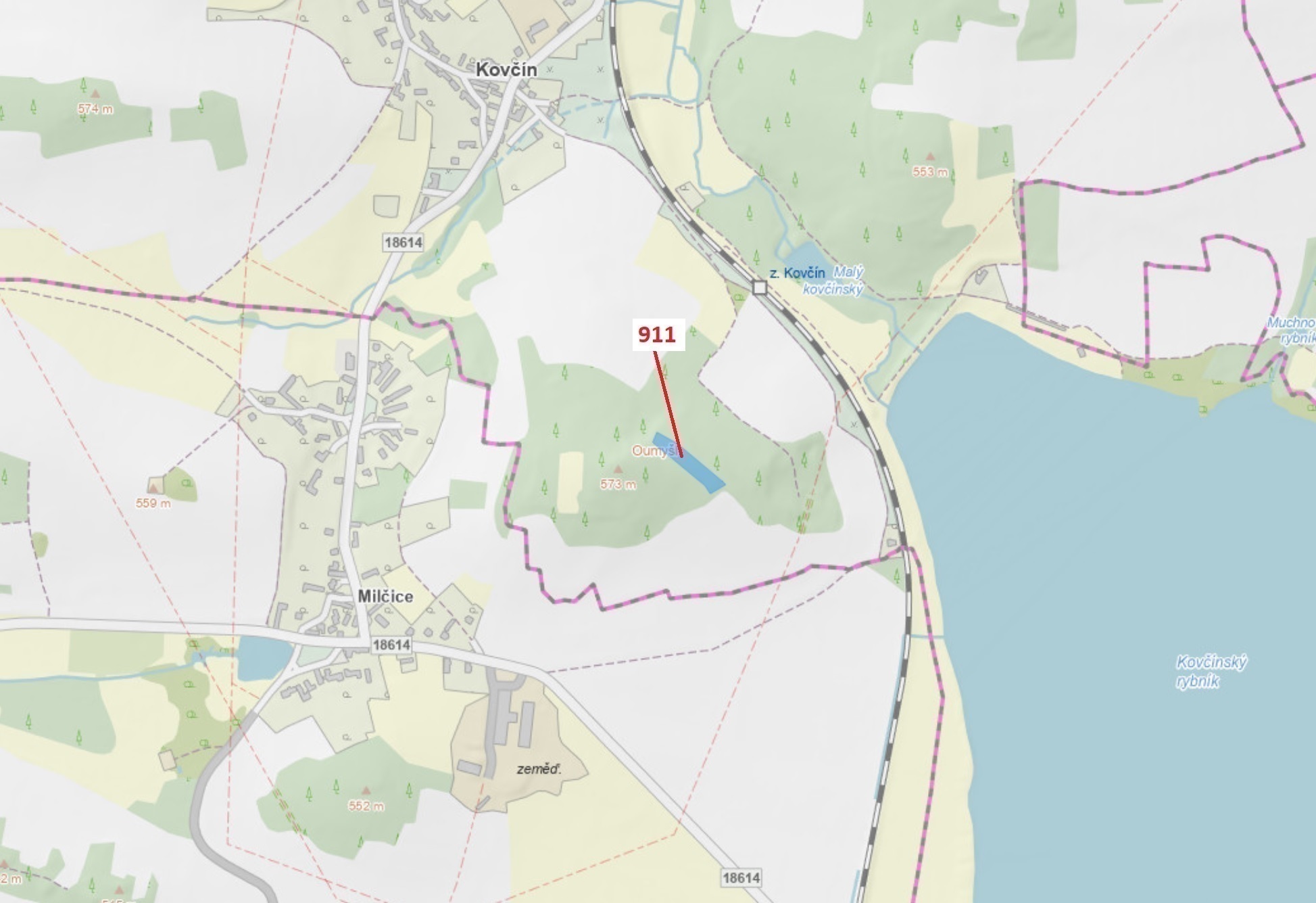 Lesní pozemek o výměře 2882 m2, podíl 1/1, katastrální území Kovčín, obec Kovčín, obec s rozšířenou 
