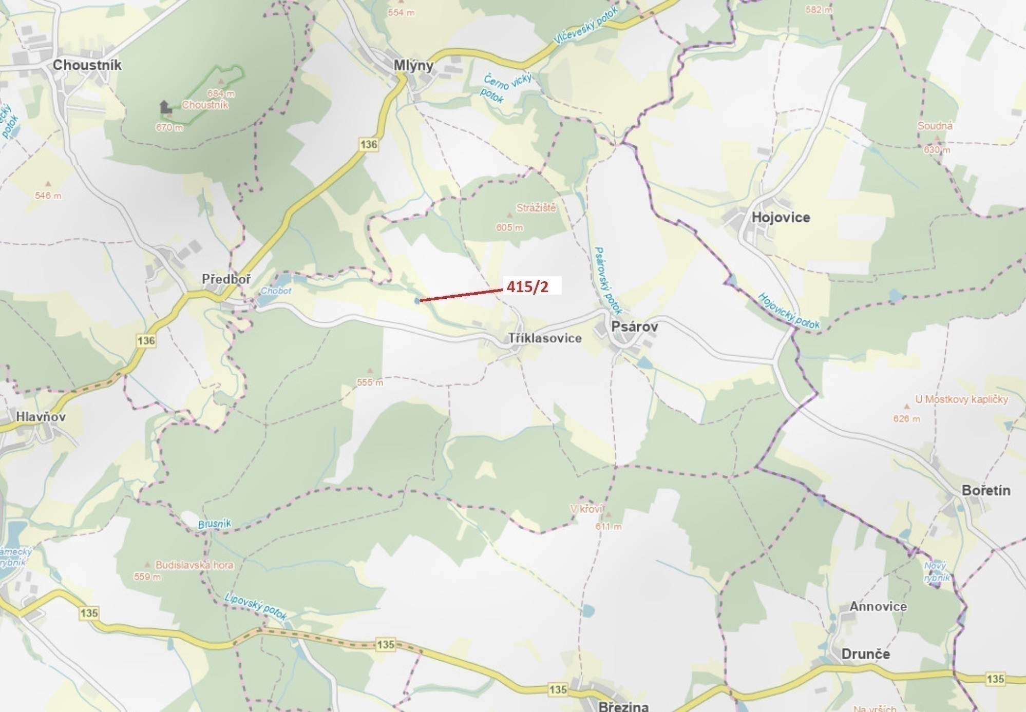 Lesní pozemek o výměře 1251 m2, podíl 1/1, katastrální území Tříklasovice, obec Psárov, obec s rozší