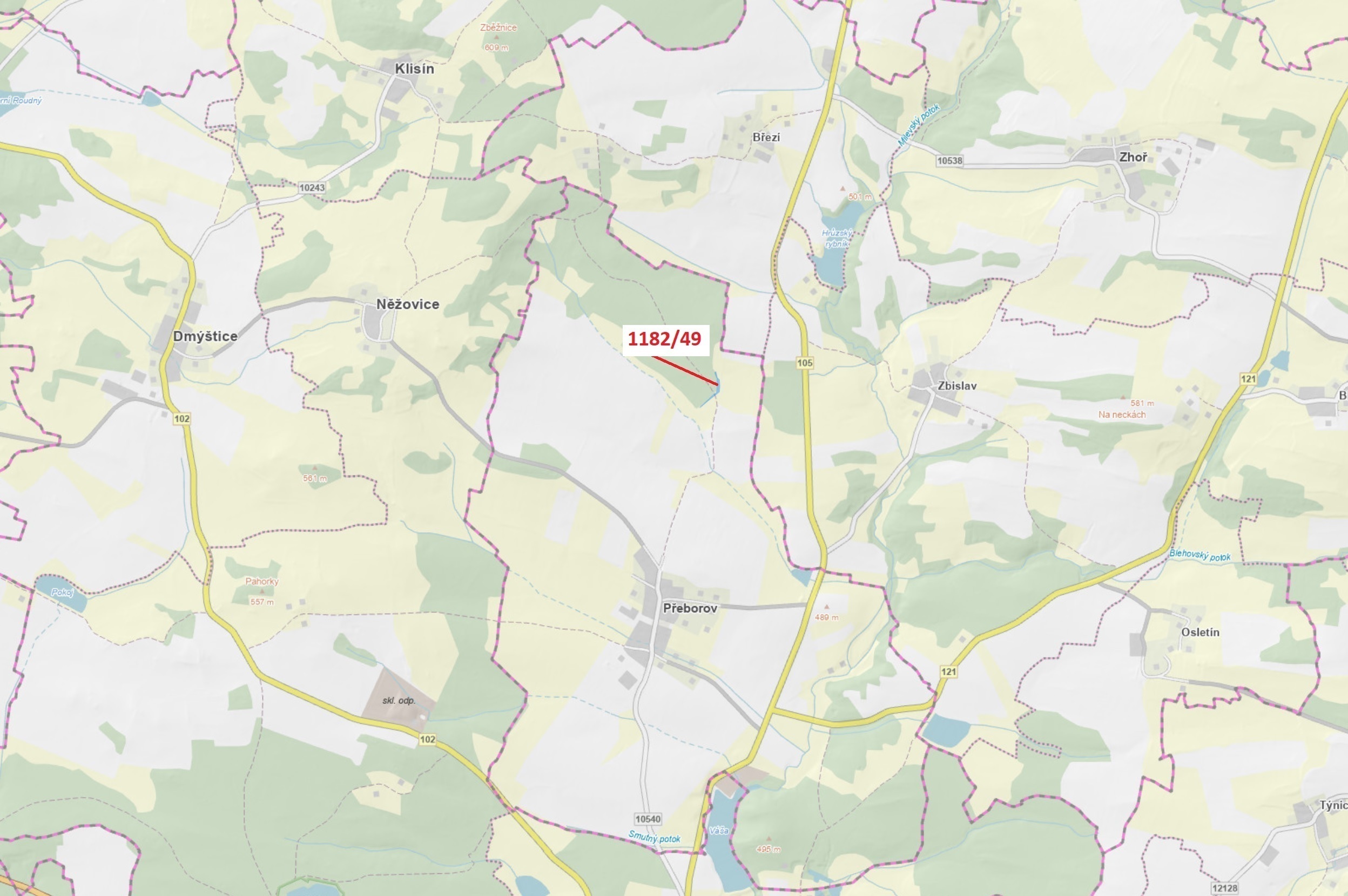 Lesní pozemek o výměře 1165 m2, podíl 1/1, katastrální území Přeborov, obec Přeborov, obec s rozšíře