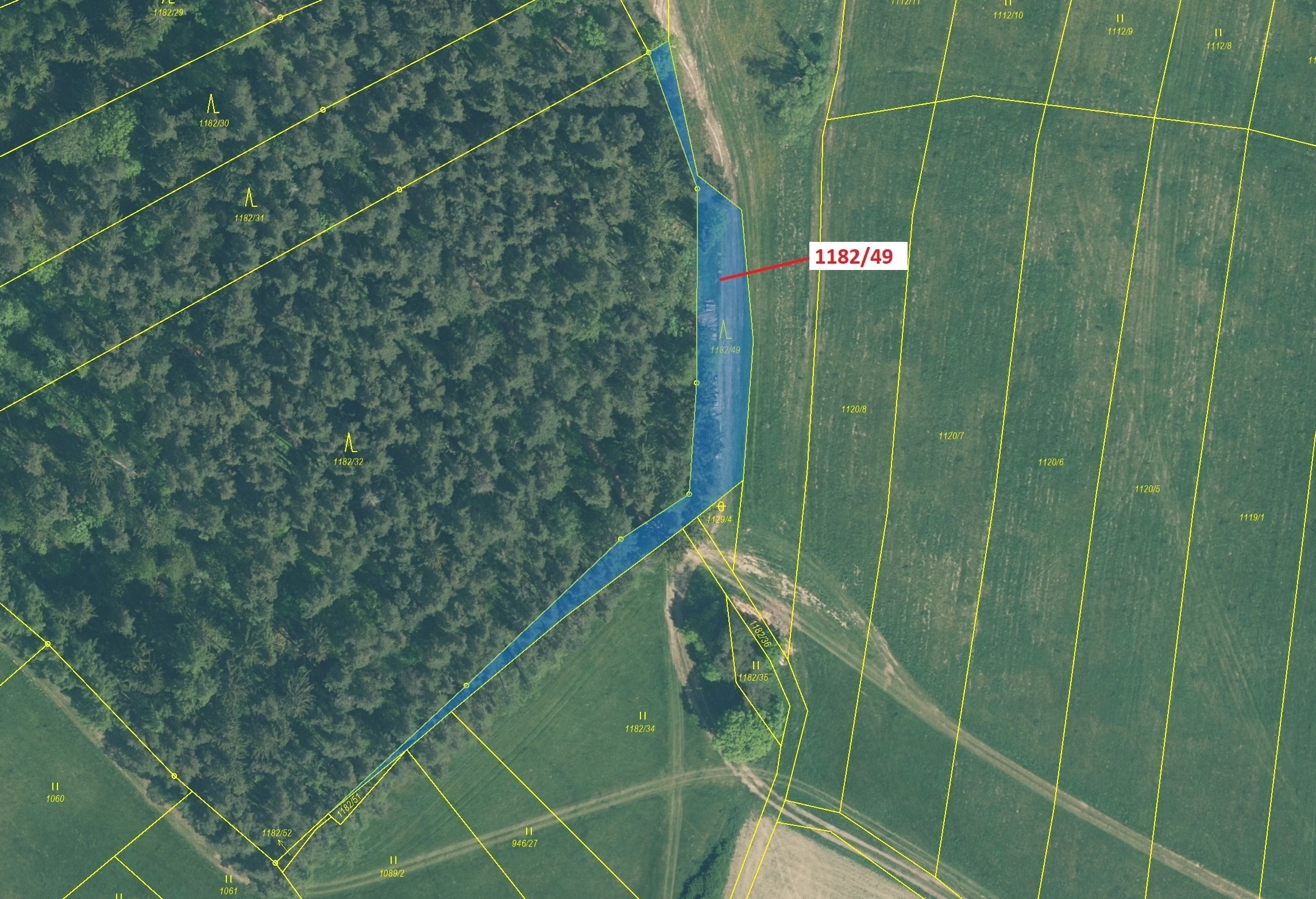 Lesní pozemek o výměře 1165 m2, podíl 1/1, katastrální území Přeborov, obec Přeborov, obec s rozšíře