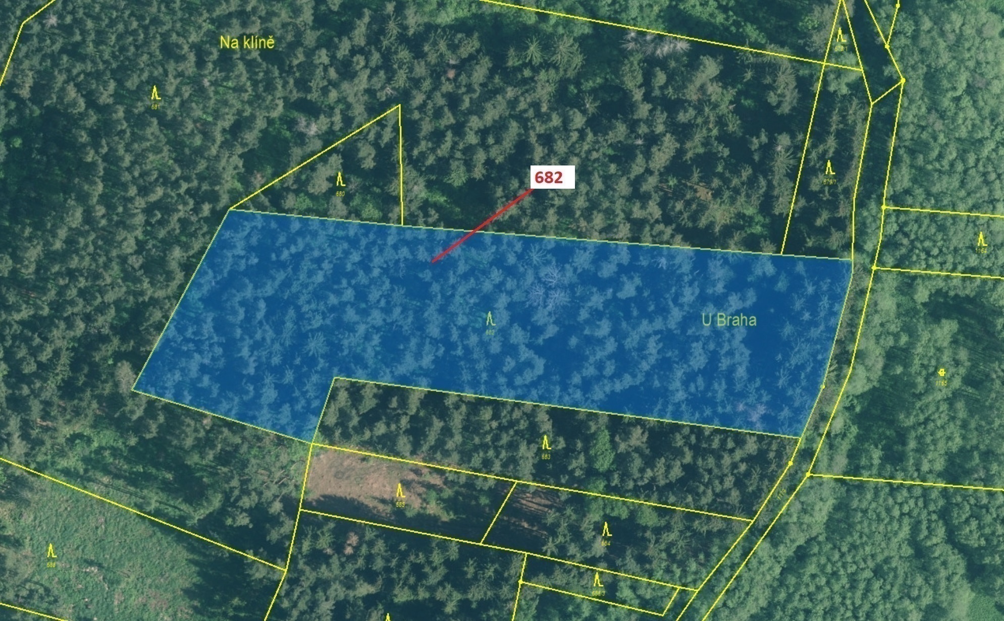 Lesní pozemek o výměře 11 584 m2, podíl 1/1, katastrální území Kuřimany, obec Kuřimany, obec s rozší