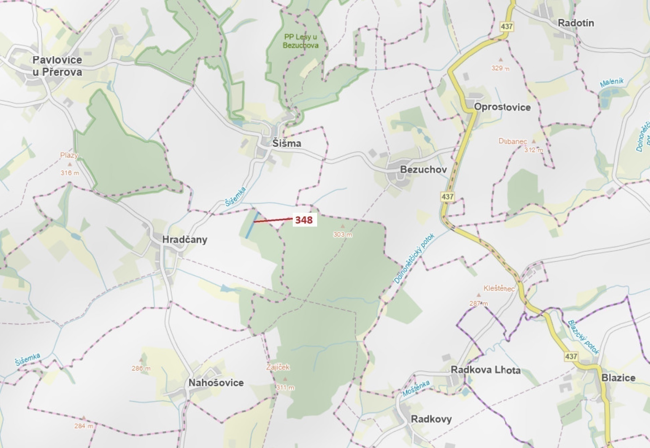 Lesní pozemek o výměře 6 360 m2, podíl 1/1, katastrální území Hradčany na Moravě, obec Hradčany, obe
