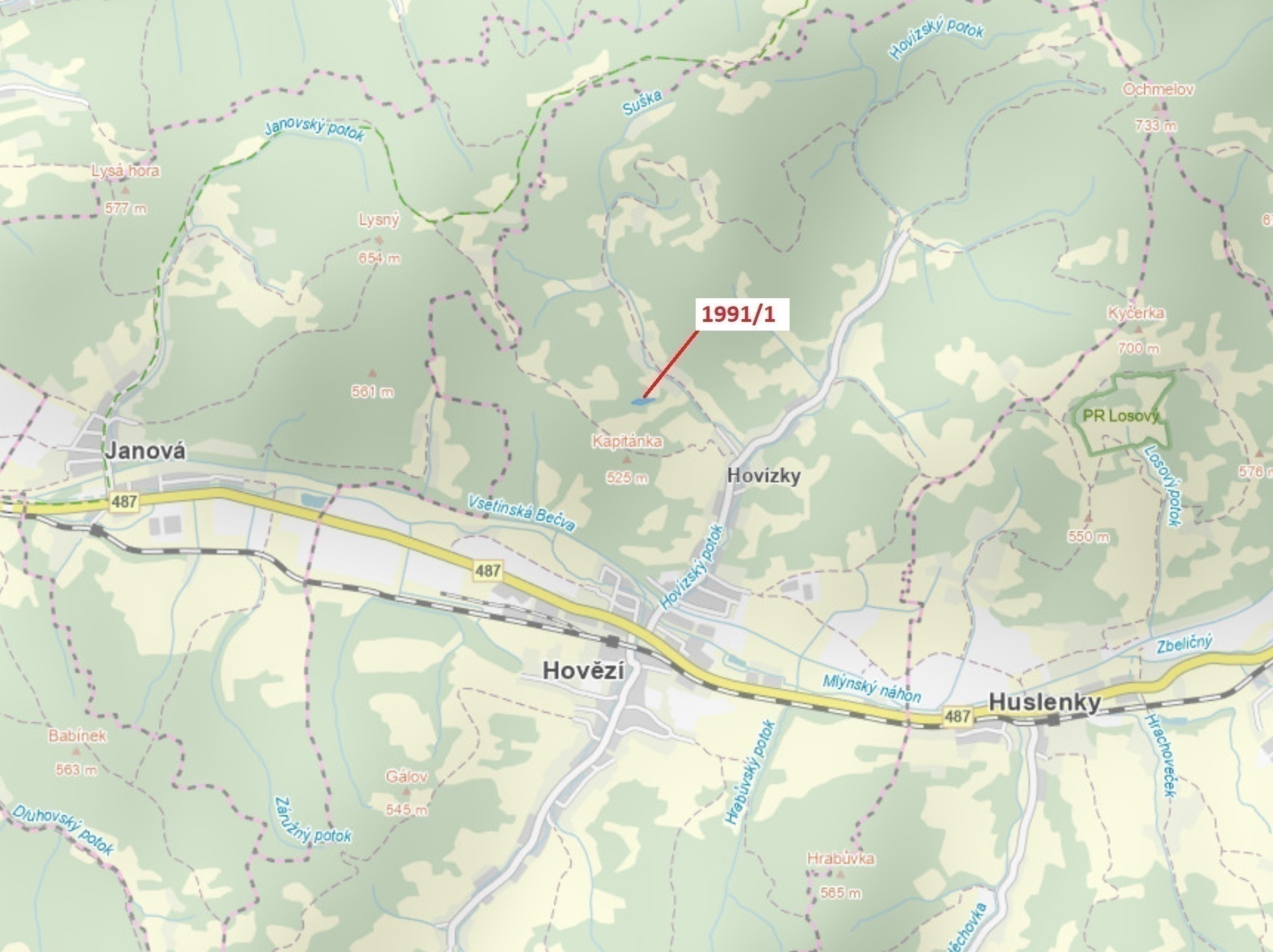 Lesní pozemek o výměře 2438 m2, podíl 1/1, katastrální území Hovězí, obec Hovězí, obec s rozšířenou 