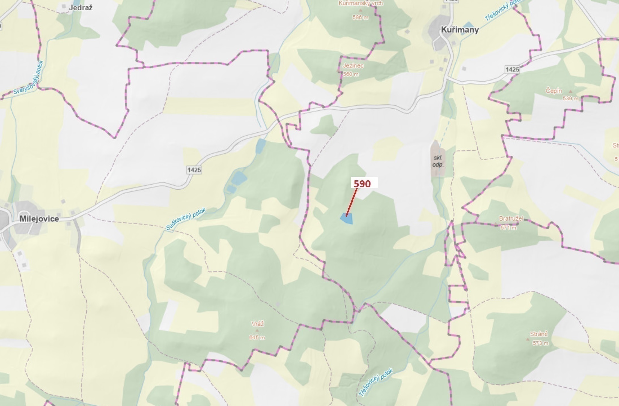 Lesní pozemek o výměře 4807 m2, podíl 1/1, katastrální území Kuřimany, obec Kuřimany, obec s rozšíře