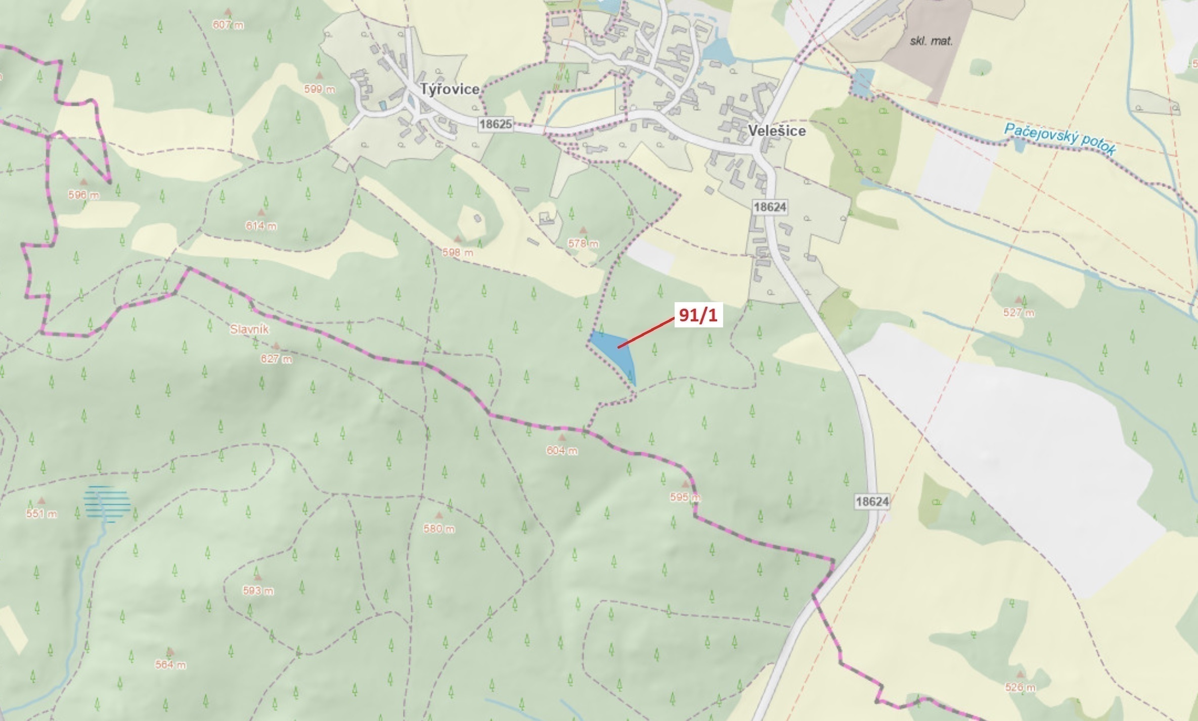 Lesní pozemek o výměře 3251 m2, podíl 1/1, katastrální území Velešice u Pačejova, obec Pačejov, obec