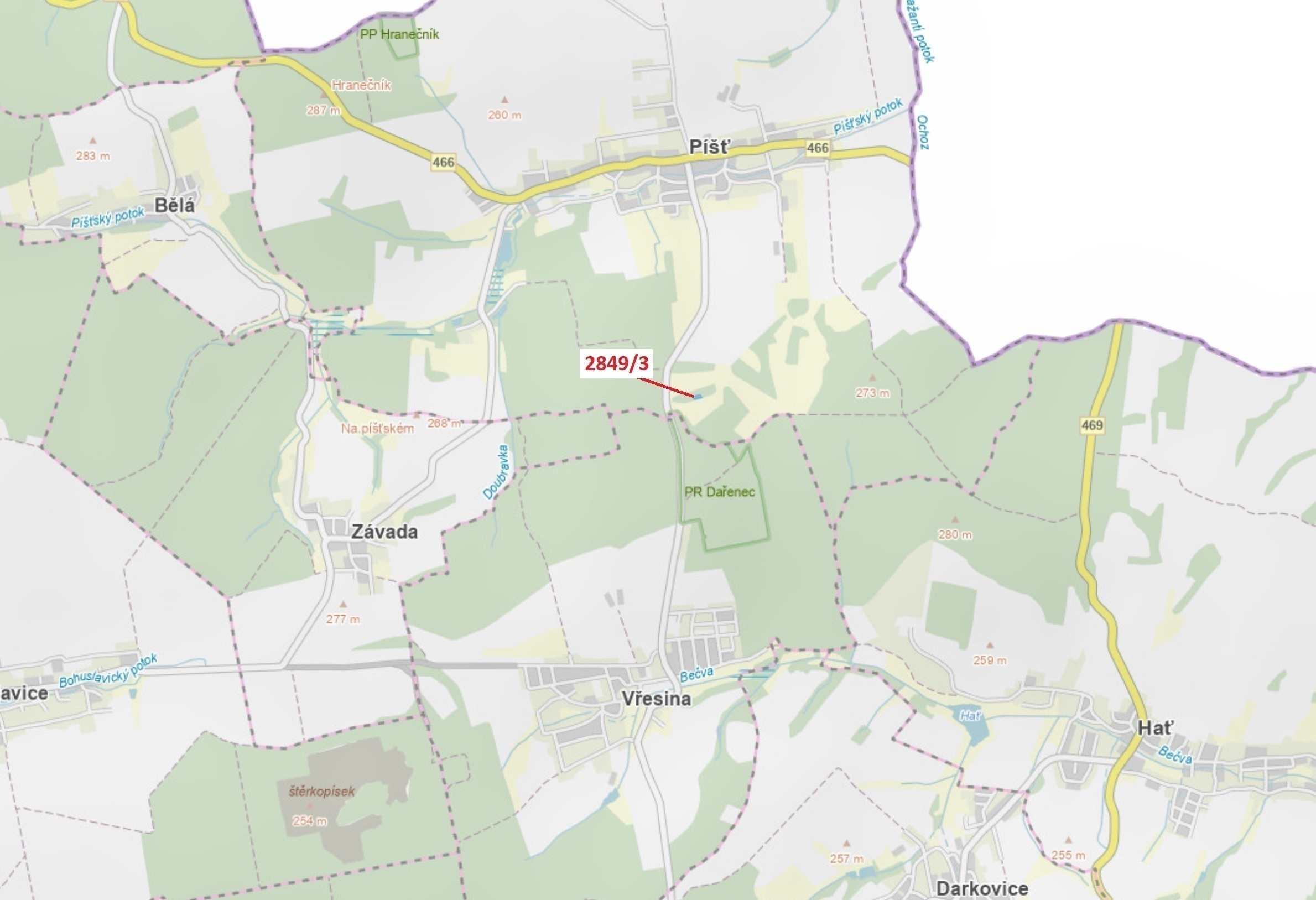 Lesní pozemek o výměře 1130 m2, podíl 1/1, katastrální území Píšť, obec Píšť, obec s rozšířenou půso